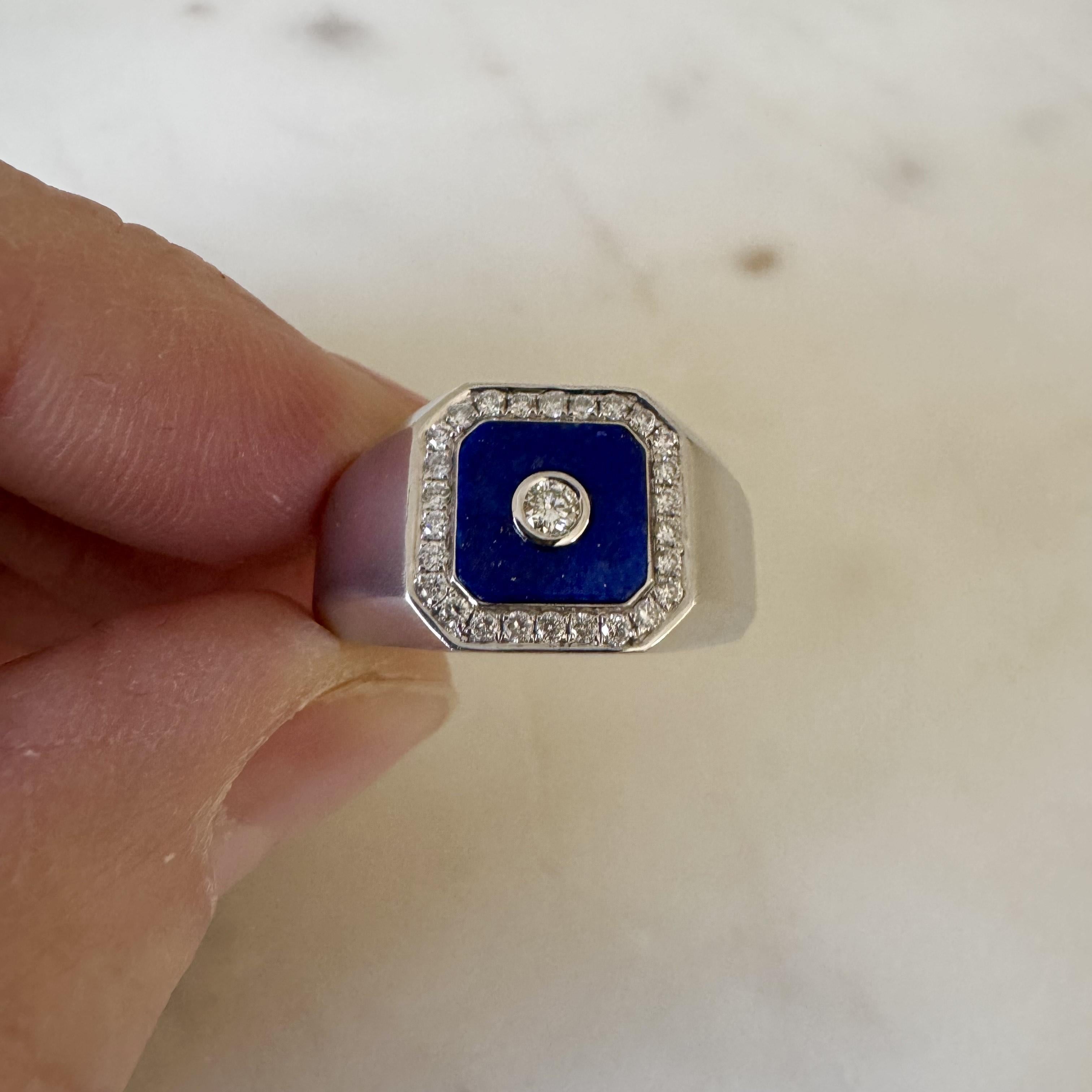 Condition:  Excellent Condition, Professionally Cleaned and Polished
Metal:  14k Gold (Marked, and Professionally Tested)
Weight:  9.5g
Gemstone:  1.42ct Lapis Lazuli
Diamonds:  Round Cut Natural Diamonds 0.32cttw
Width:  12.5mm at face, 4.5mm at