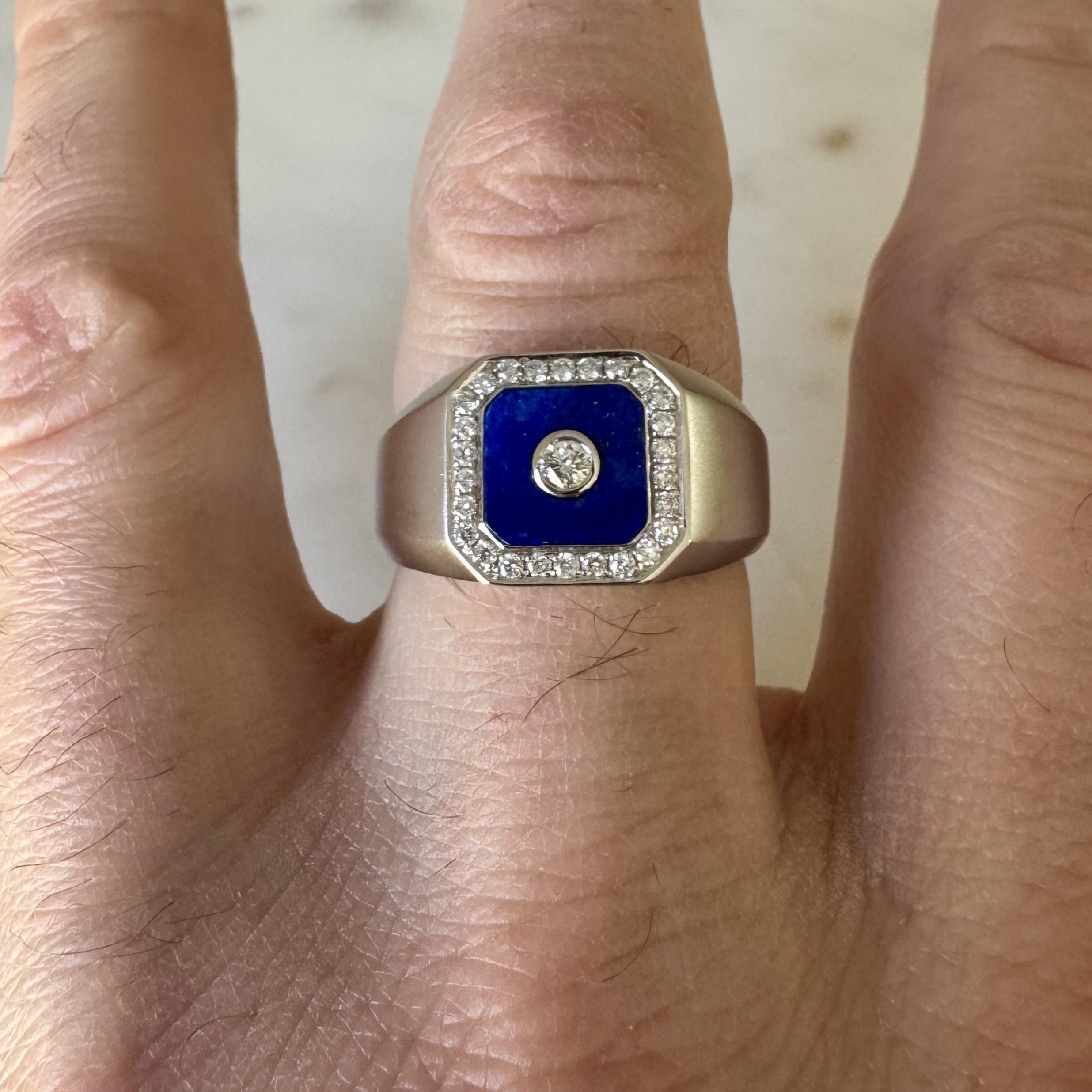 Round Cut Cirari 14k White Gold Lapis Lazuli and Diamonds Men's Ring Size 11