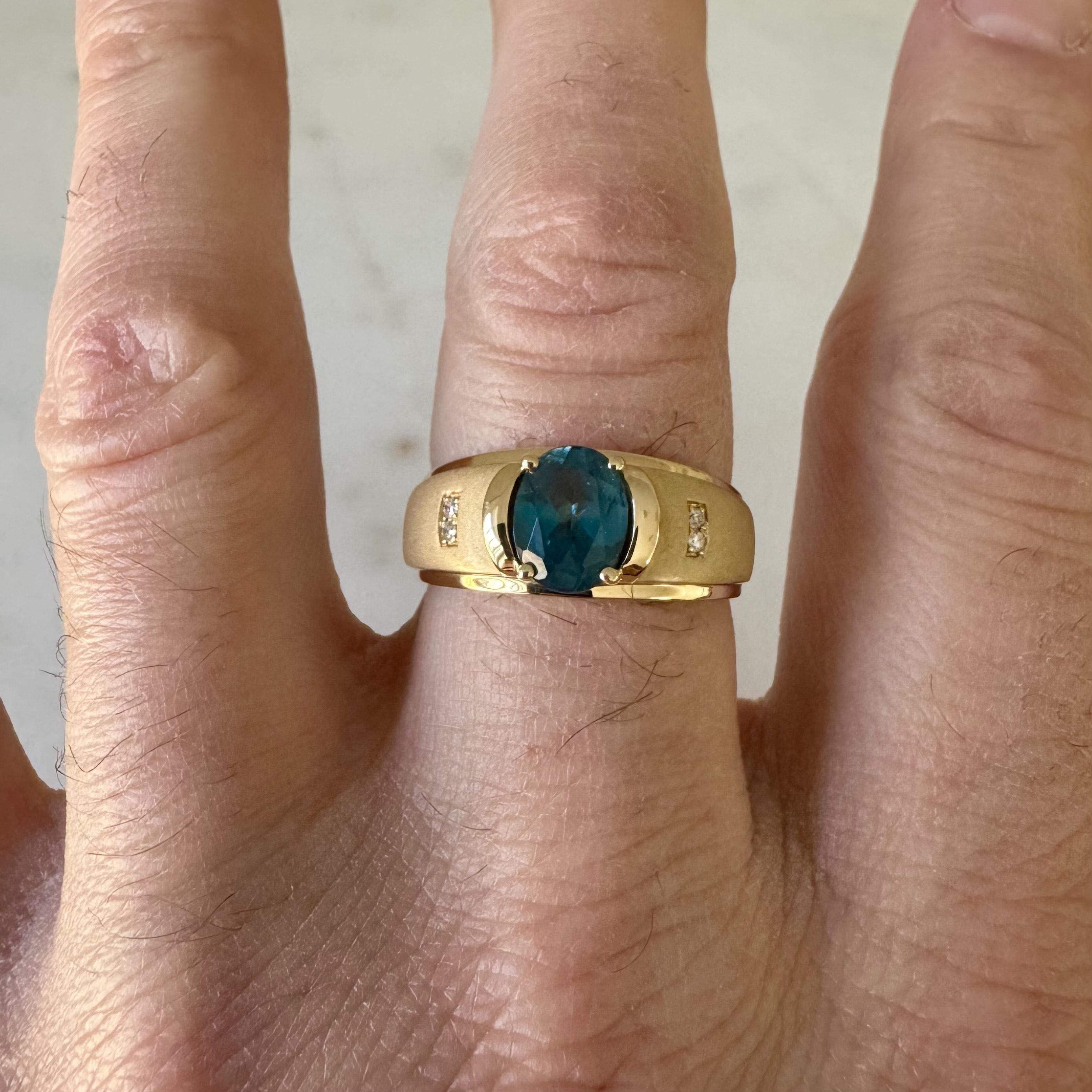 Oval Cut Cirari 14k Yellow Gold Blue Topaz and Diamond Men's Ring Size 11