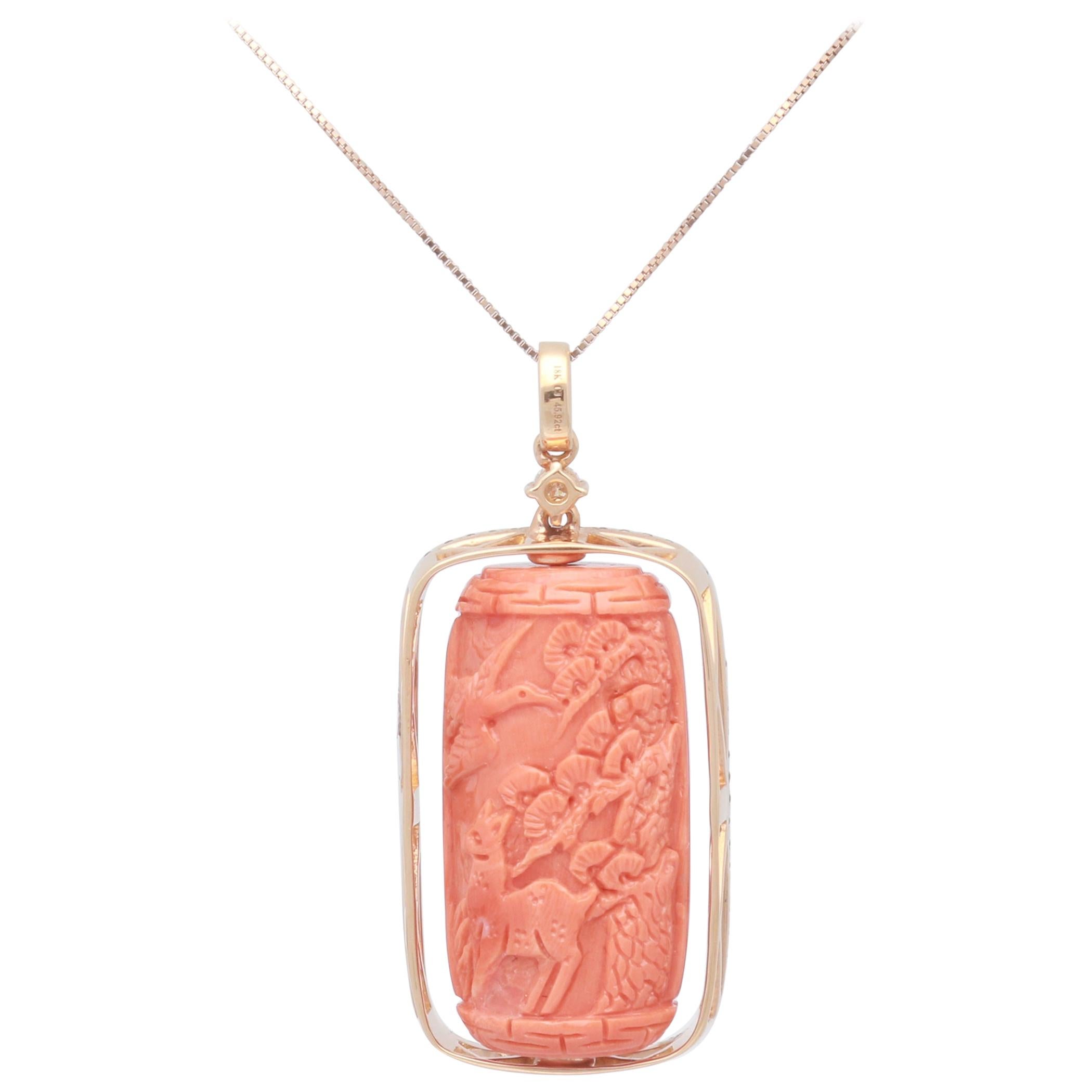 45.92 Carat Coral 18 Karat Rose Gold Carved Pendant Necklace