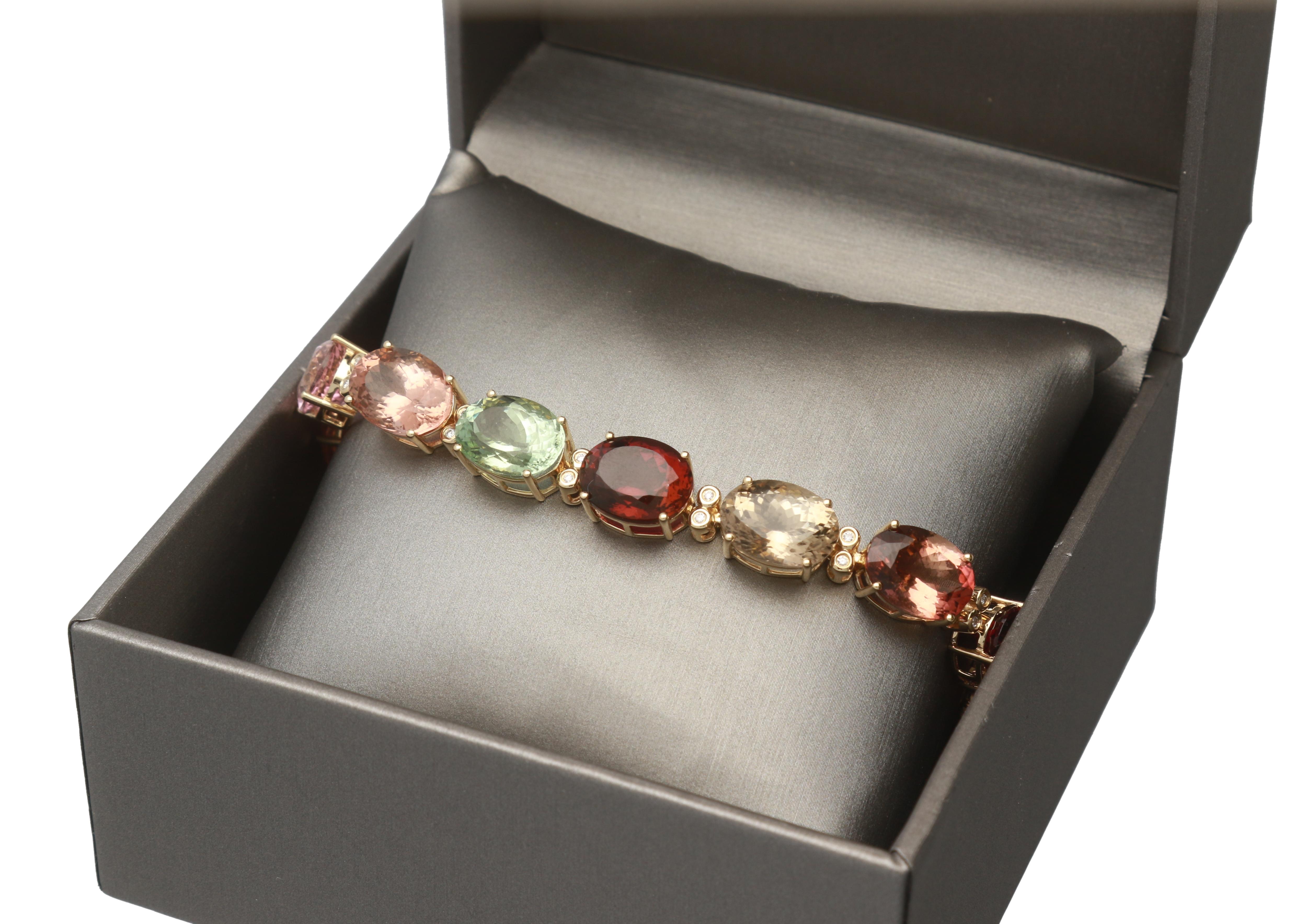 66.98 Carat Multi-Color Tourmaline 14 Karat Yellow Gold Bracelet In New Condition In New York, NY