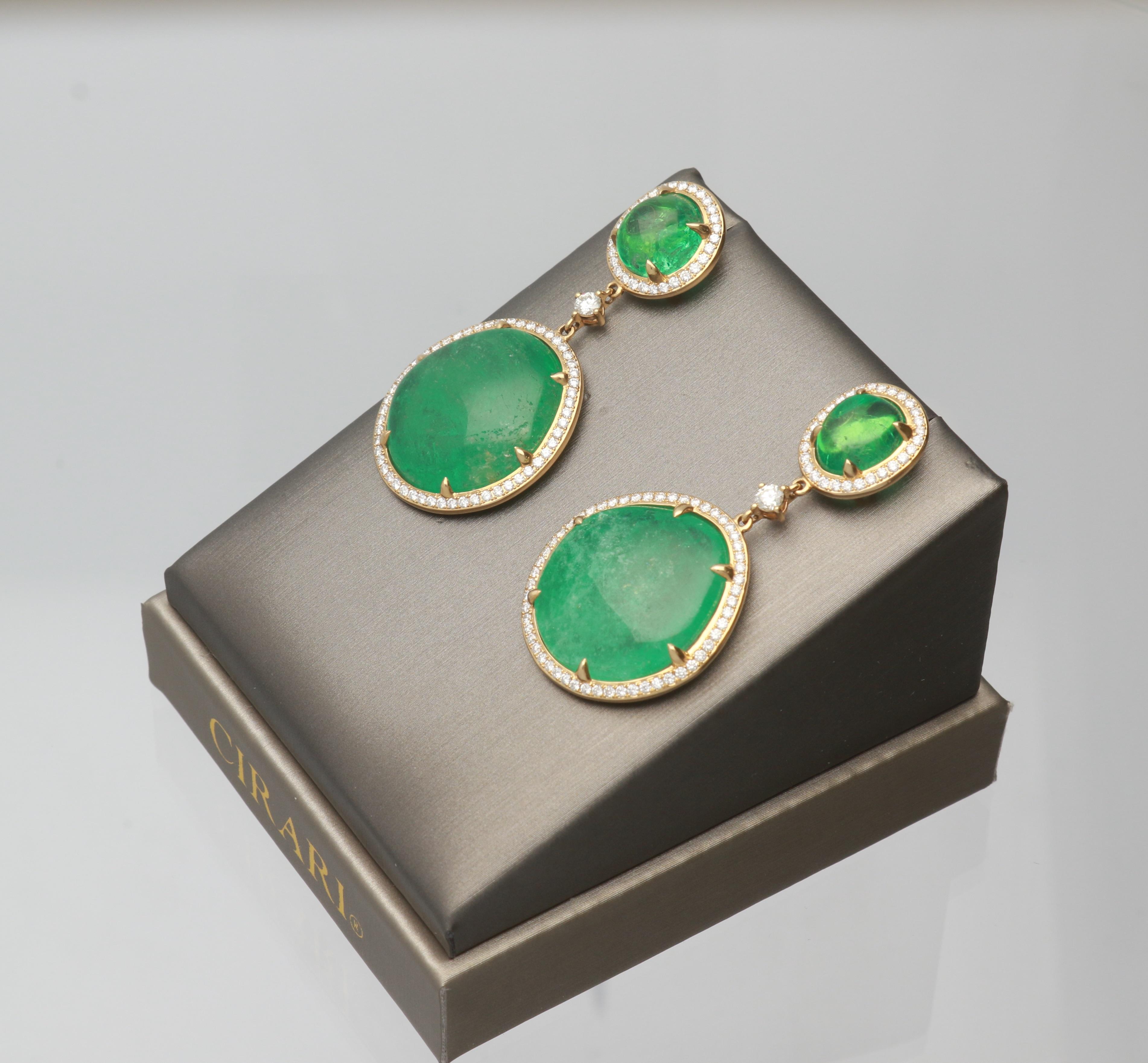 This beautiful one of a kind Earring is crafted in 18-karat yellow Gold and features four near round IGL certified Emeralds of 68.47 Carats and brilliant cut round diamonds. This earring is secured with post back and is a perfect gift either for