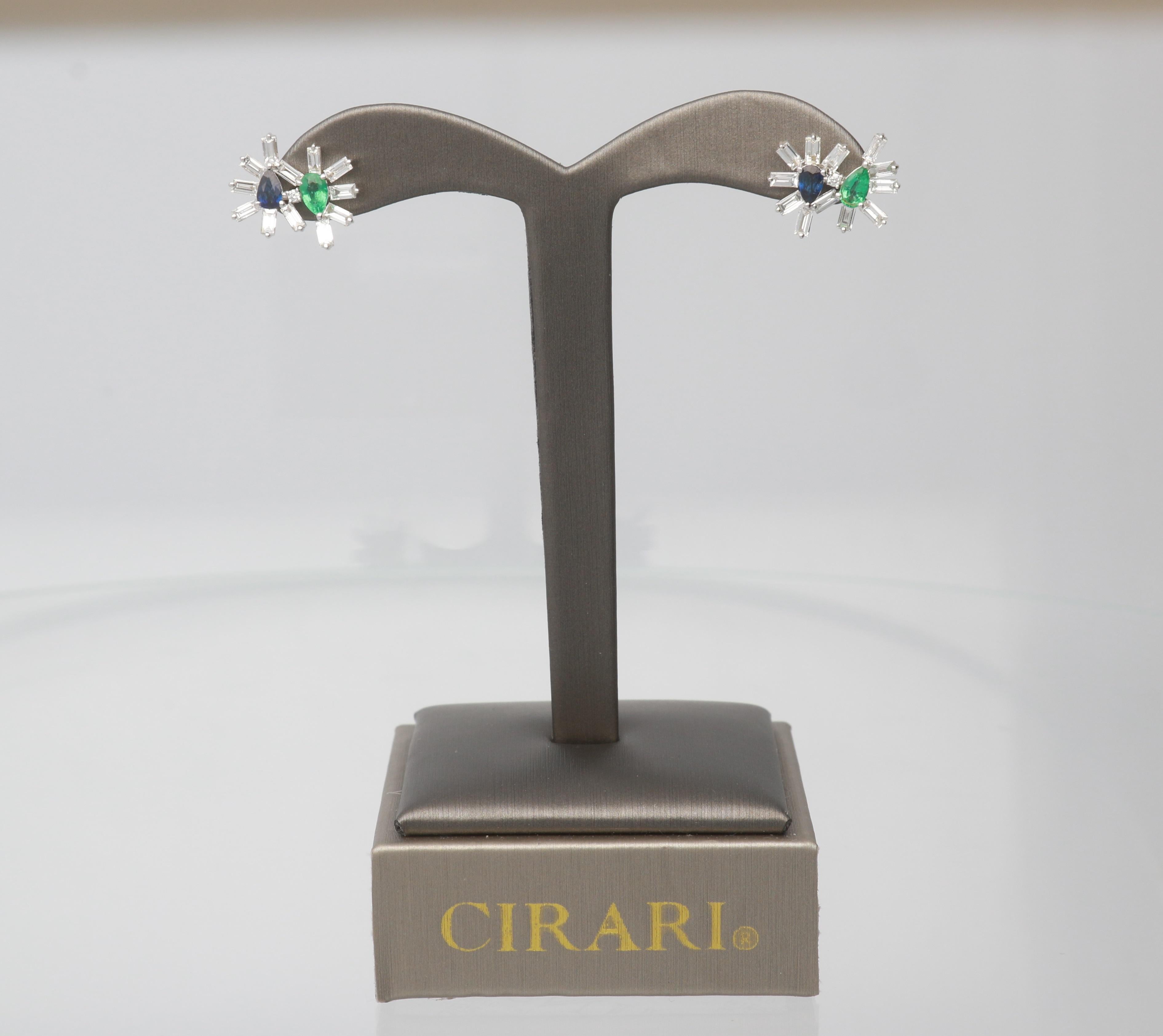 Art Deco Emerald and Blue Sapphire 18 Karat White Gold Earring