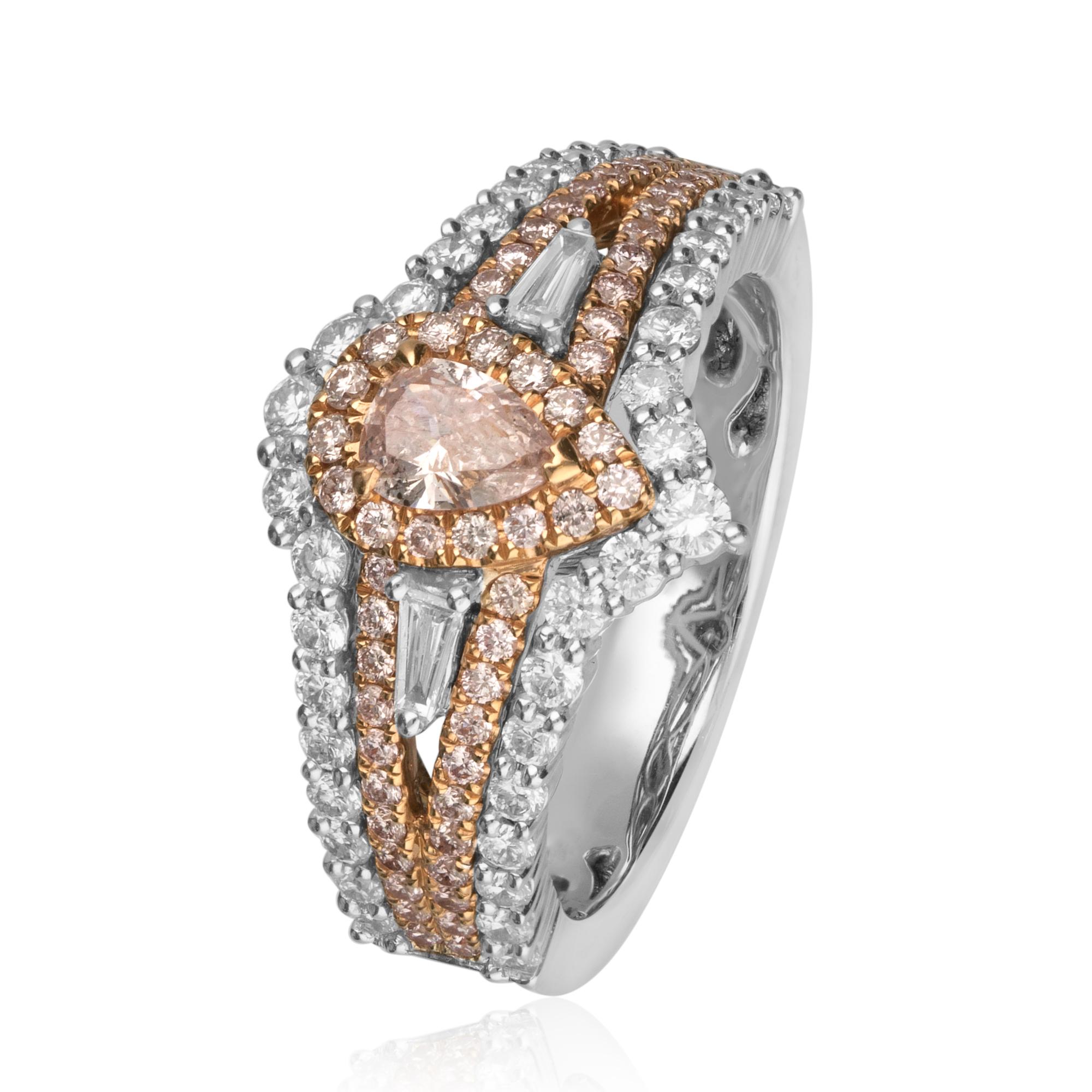 This beautiful Engagement ring is crafted in 18-karat Two Tone (Rose and White) gold. 
It features a GIA certified pear shaped Natural Fancy Pink Diamond 0.30 Carat with SI2 clarity, 59 Pink Diamonds 0.39 Carat, 38 Round Diamonds 0.65 Carat and 2