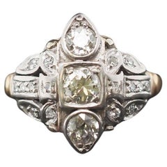 Circa 14K Yellow Gold and Plat 1940s Old European Diamond Ring