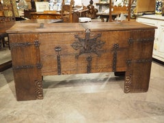 Circa 1600 German Oak Stollentruhe Trunk, Original Iron and Butterfly Lock Plate