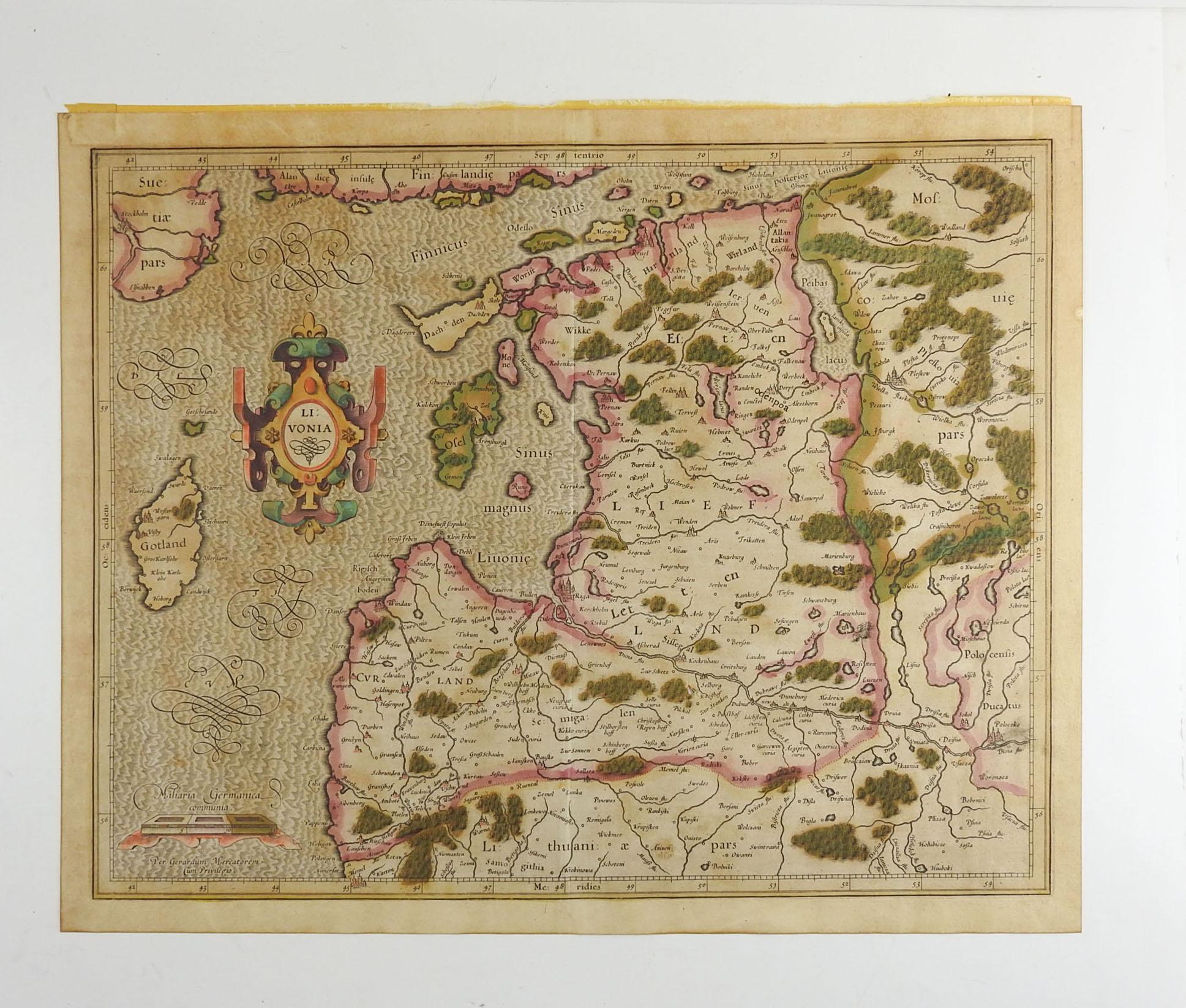 Circa 1620 map of Livonia the Baltic states of Estonia and Latvia.  Decorative title and cartouches, hand colored. G. Mercator cartographer, atlas published by Hondius, Amsterdam. Atlas center fold, age toning tape remains on verso.   Unframed.
