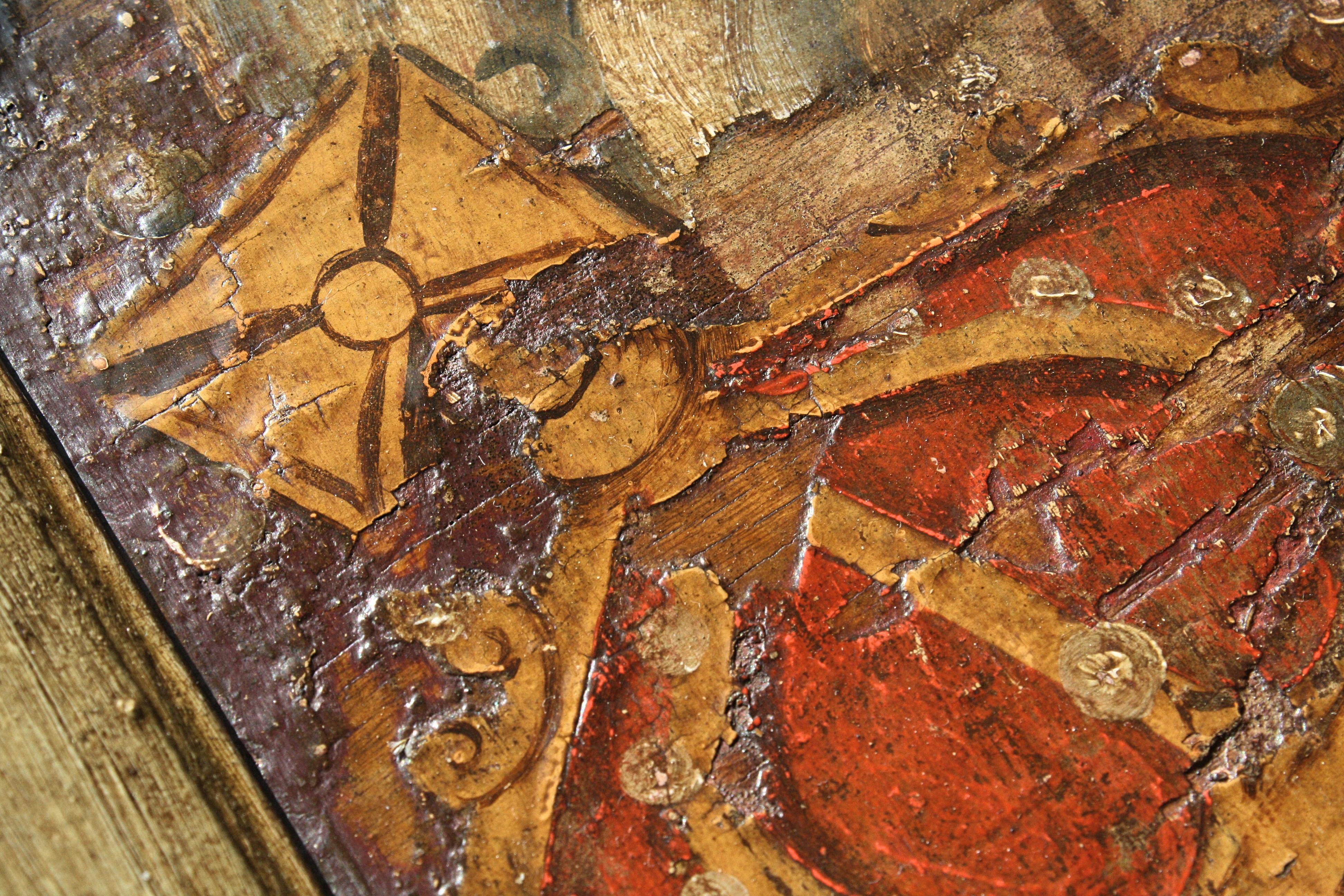 A remarkable survivor, from the the second quarter of the 17th century a Royal coat of Arms from Charles the 1st Reign.

Oil on a three plank oak board, housed in a thick chamfered frame. Areas of elderly woodworm on the reverse, the painted