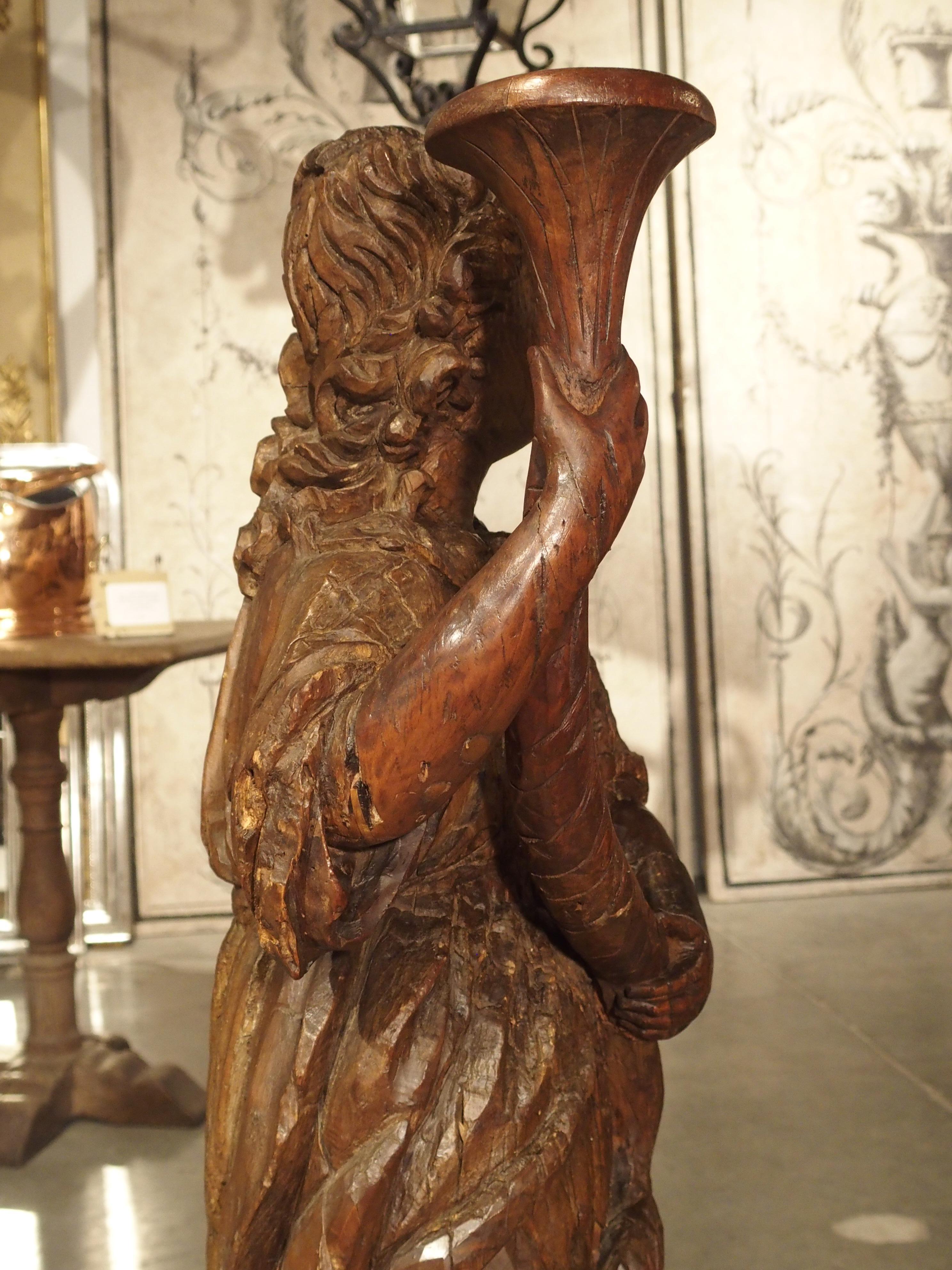Italian Circa 1650 Carved Hardwood Cornucopia Statue and Candle Holder from Italy For Sale