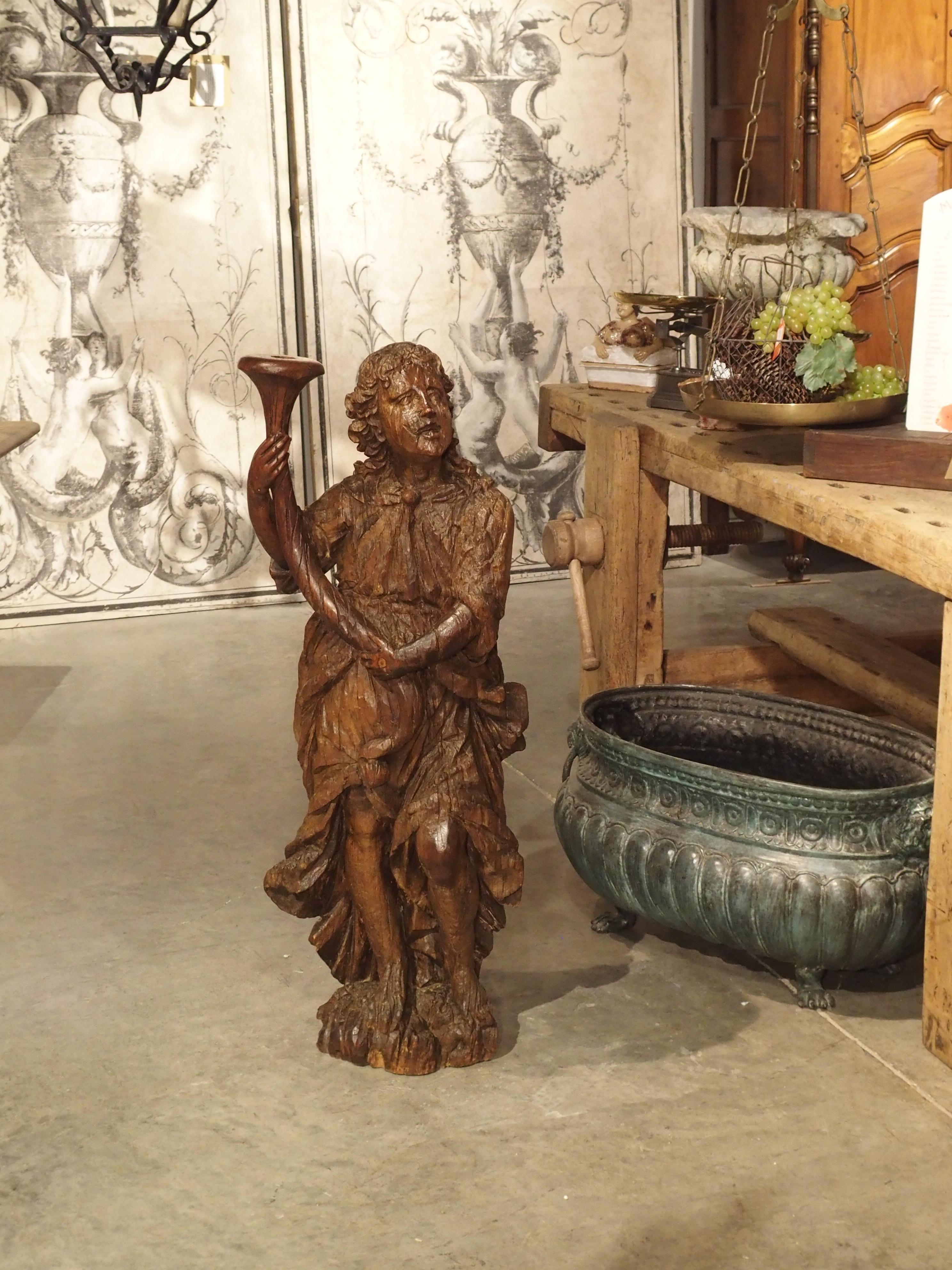 Oak Circa 1650 Carved Hardwood Cornucopia Statue and Candle Holder from Italy For Sale