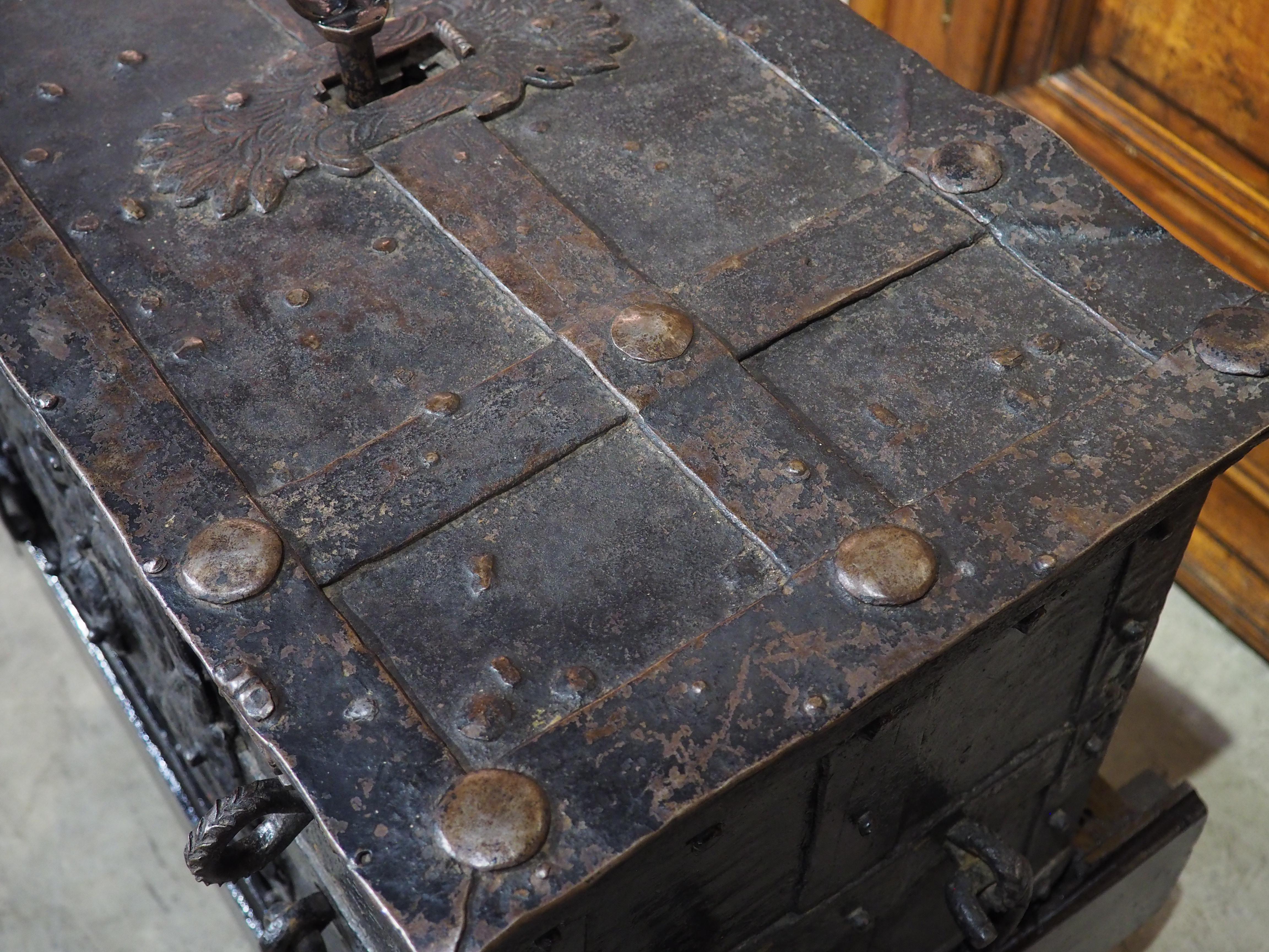 Circa 1650 Sheet Iron Money Chest from Southern Germany with Wooden Stand For Sale 6