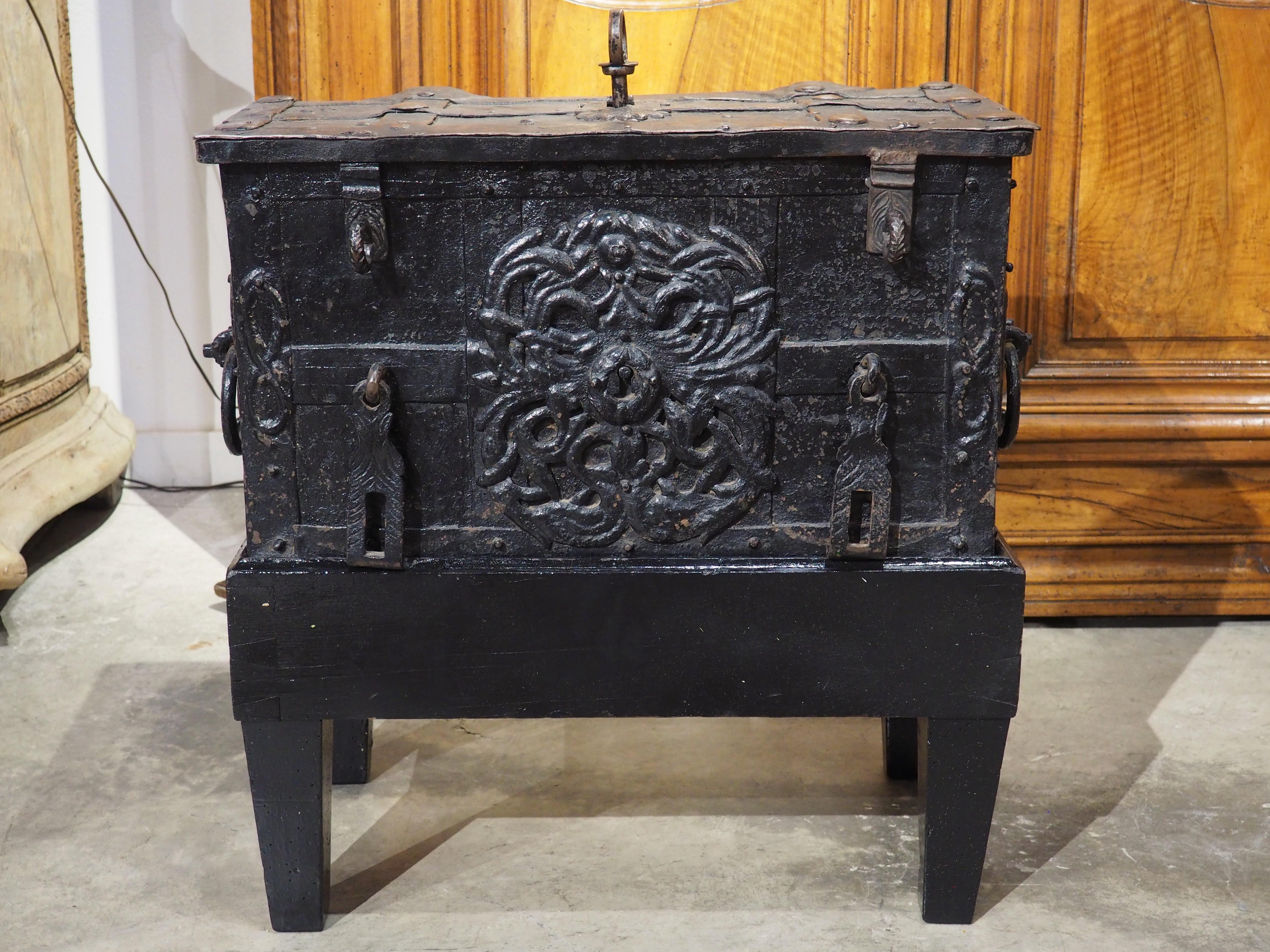 Circa 1650 Sheet Iron Money Chest from Southern Germany with Wooden Stand For Sale 9