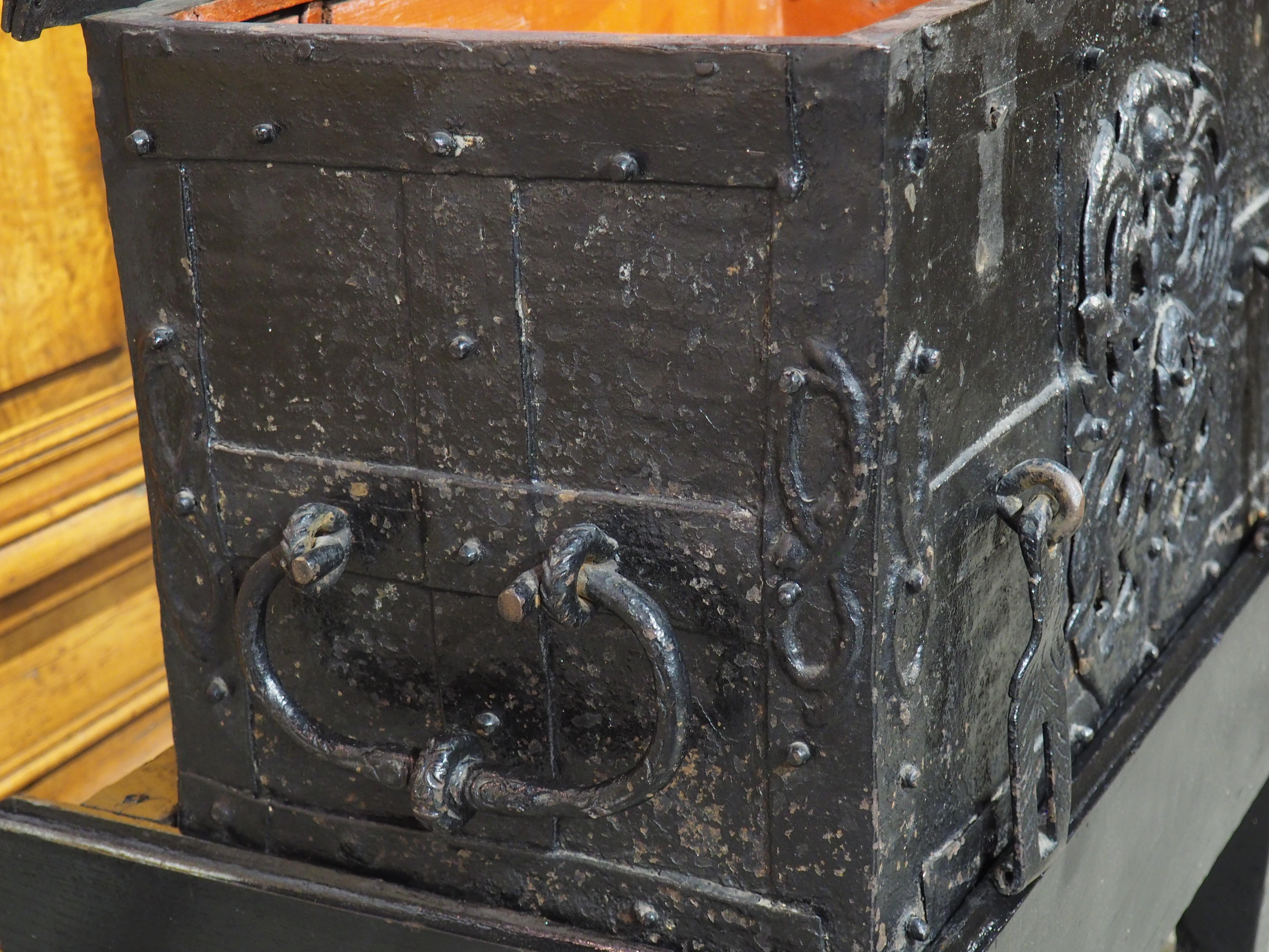 Baroque Circa 1650 Sheet Iron Money Chest from Southern Germany with Wooden Stand For Sale