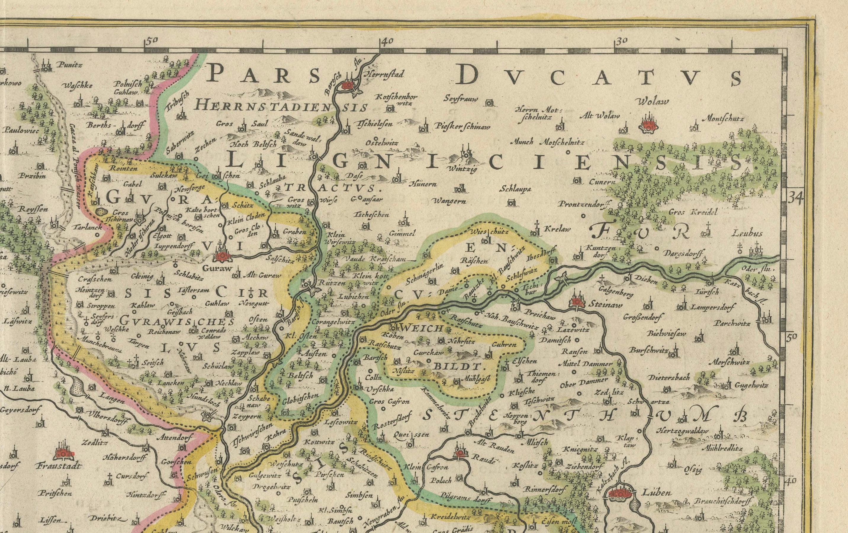 Mid-17th Century Circa 1659 Blaeu Family Map: Glogau and the Odra River Valley, Silesia For Sale