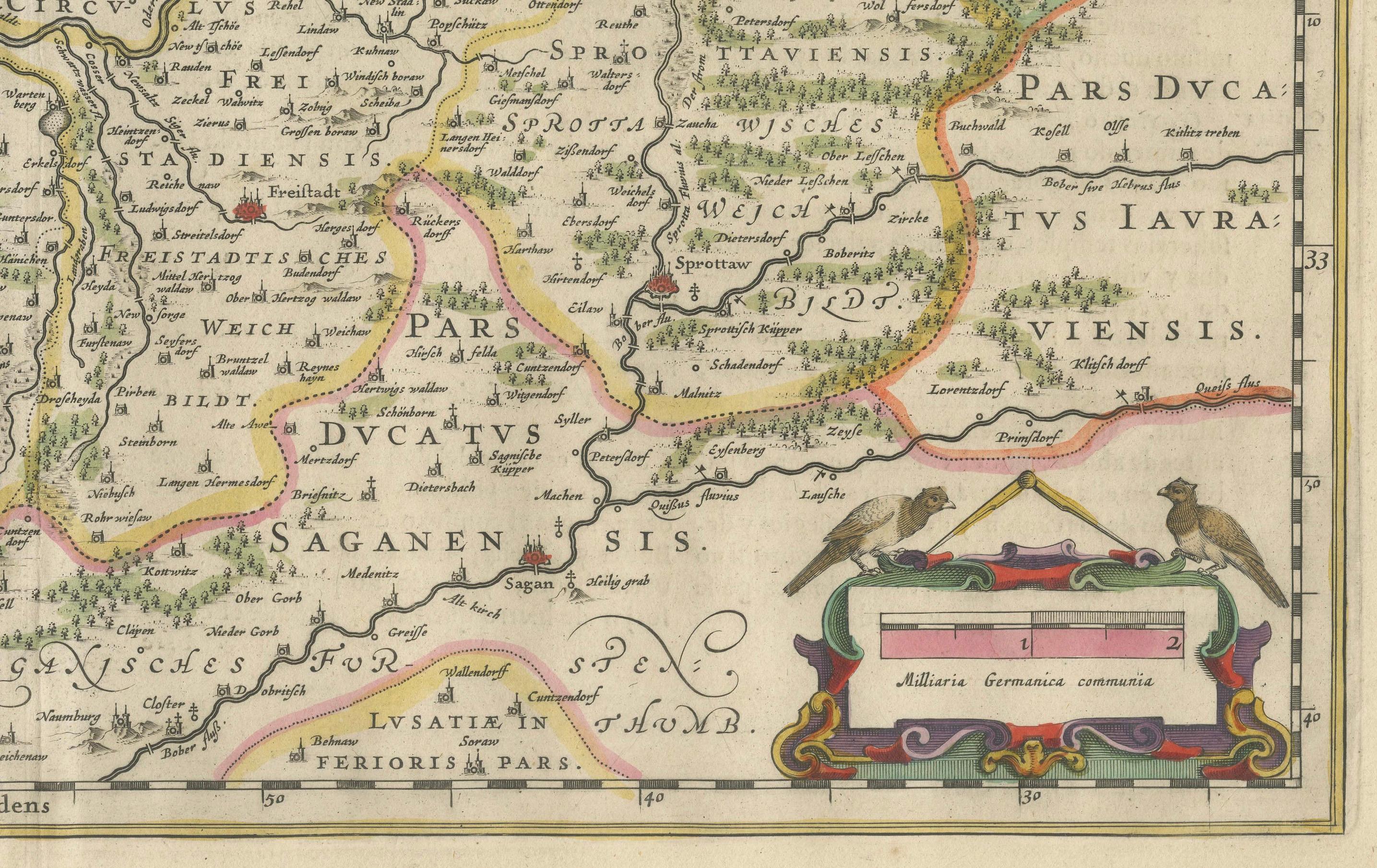 Paper Circa 1659 Blaeu Family Map: Glogau and the Odra River Valley, Silesia For Sale