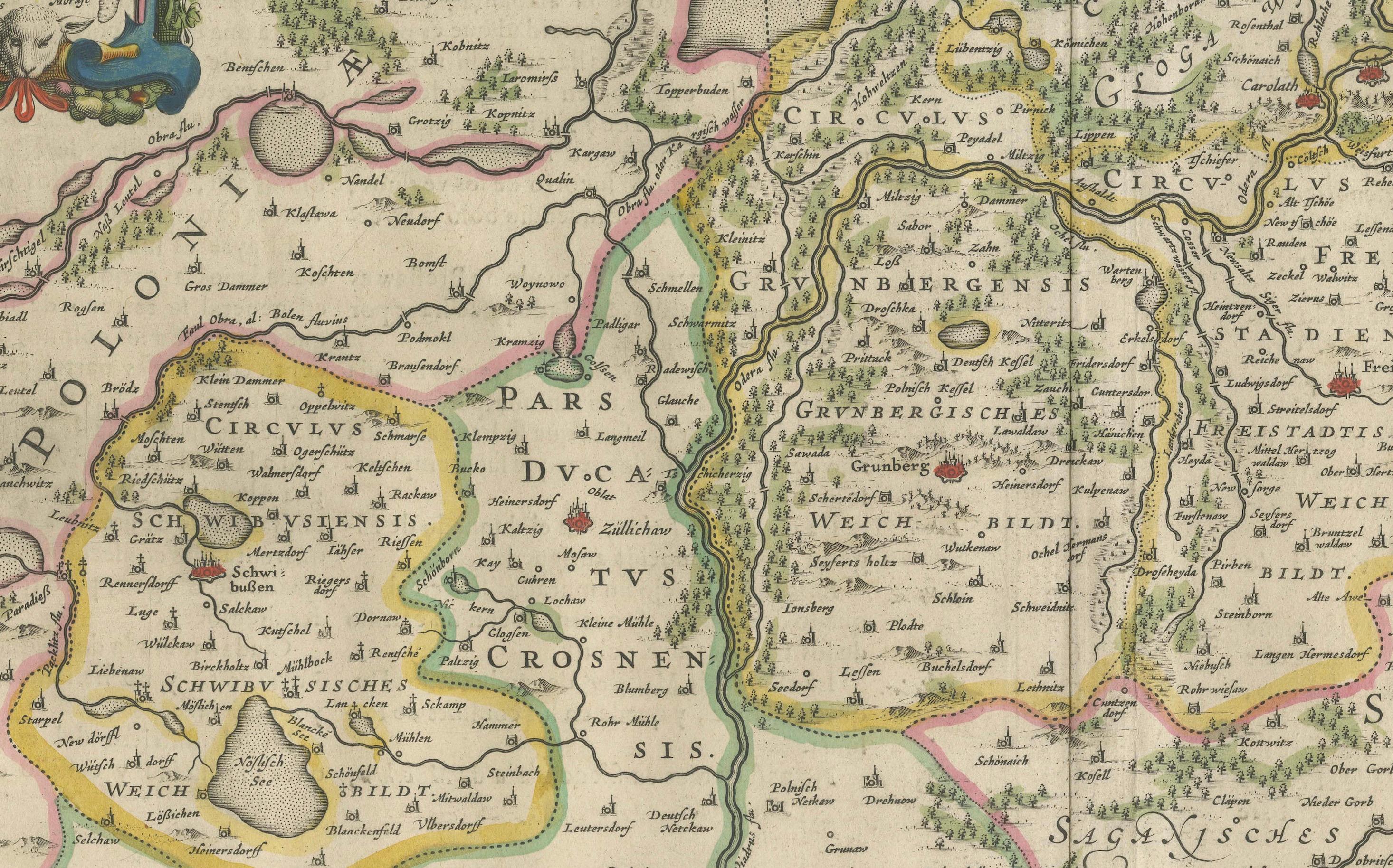 Circa 1659 Blaeu Family Map: Glogau and the Odra River Valley, Silesia For Sale 1