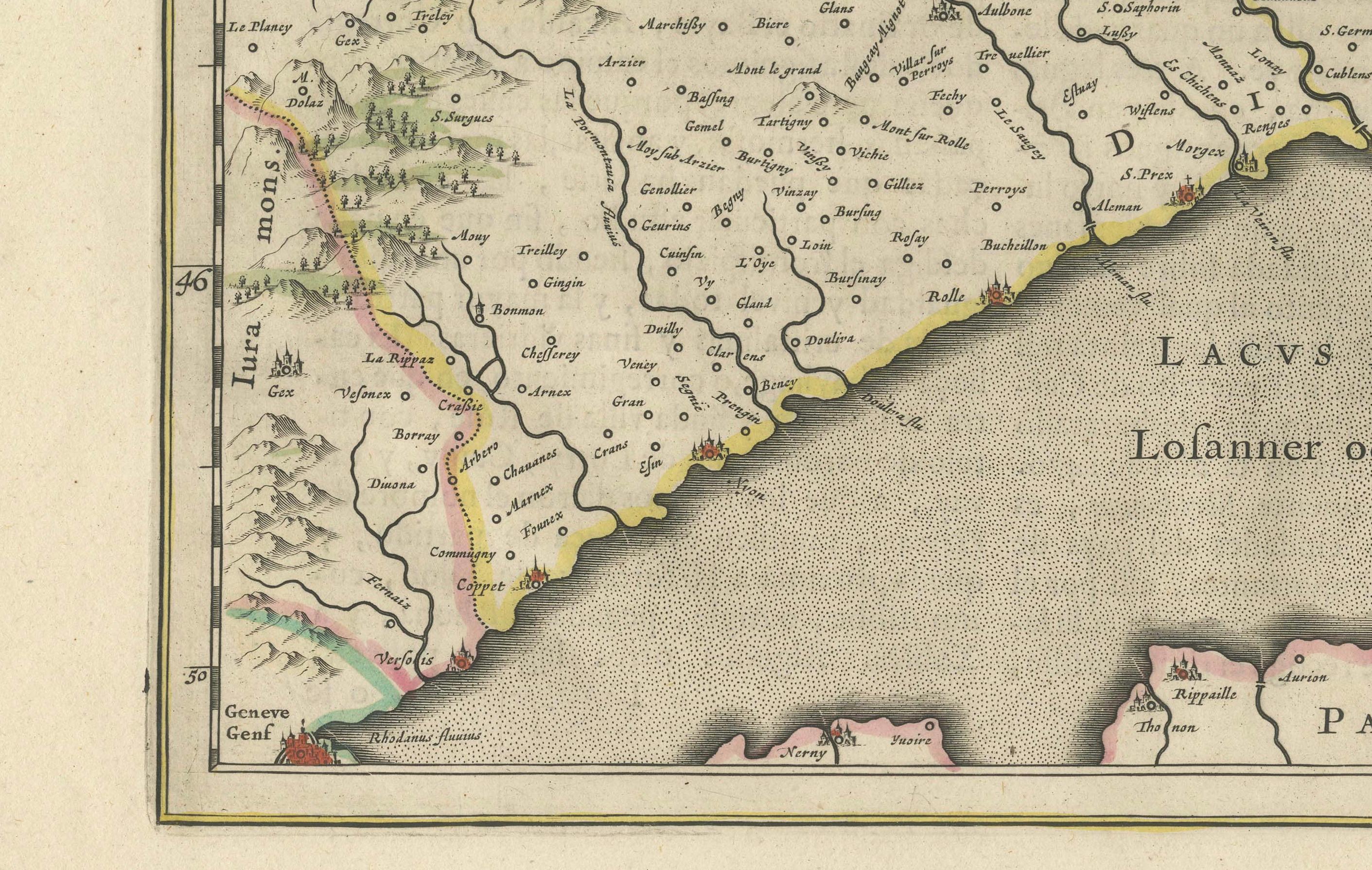 Engraved Circa 1659 Willem Blaeu Map: Southwestern Switzerland with Geneva & Lakes For Sale