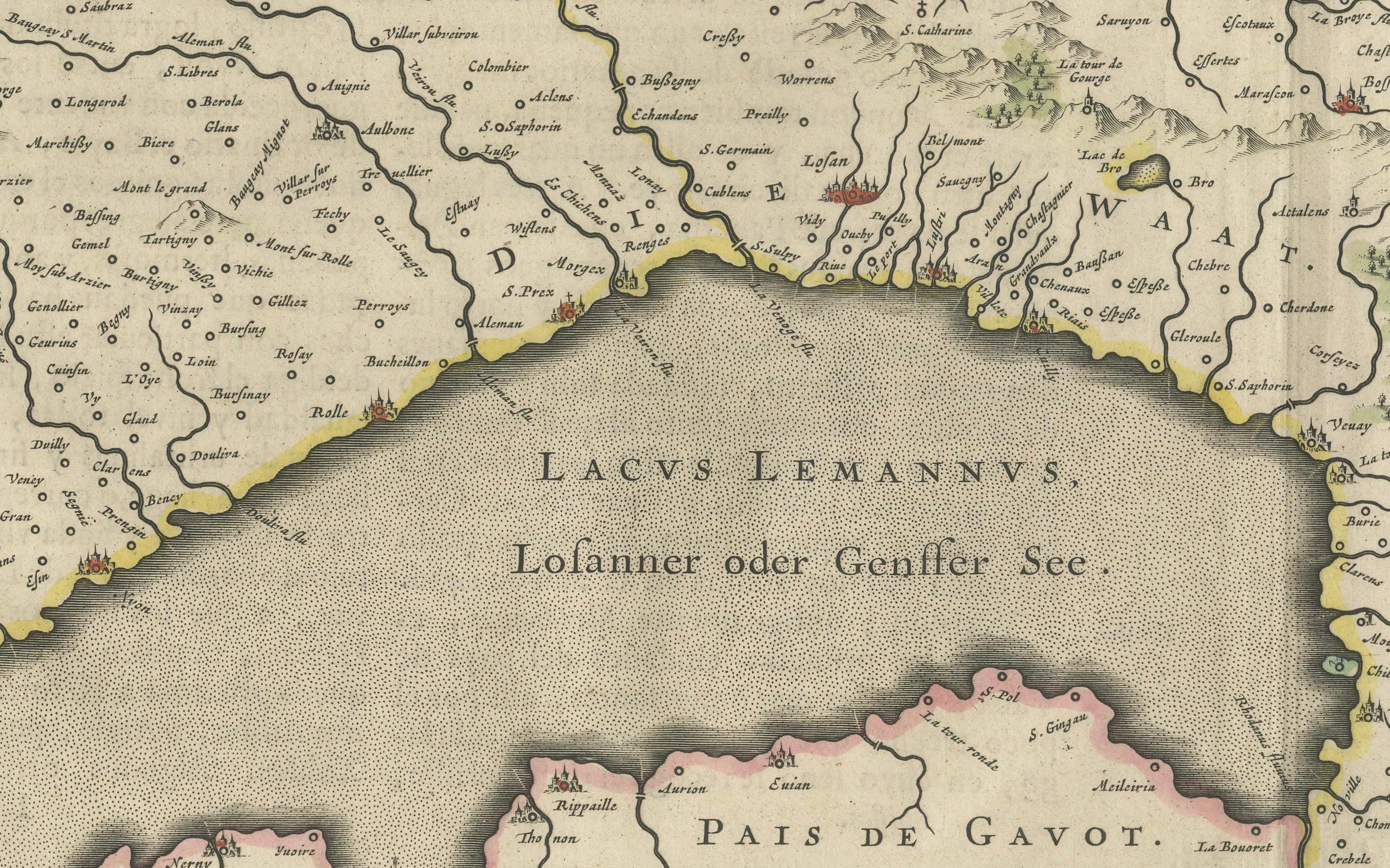 Circa 1659 Willem Blaeu Map: Southwestern Switzerland with Geneva & Lakes For Sale 2
