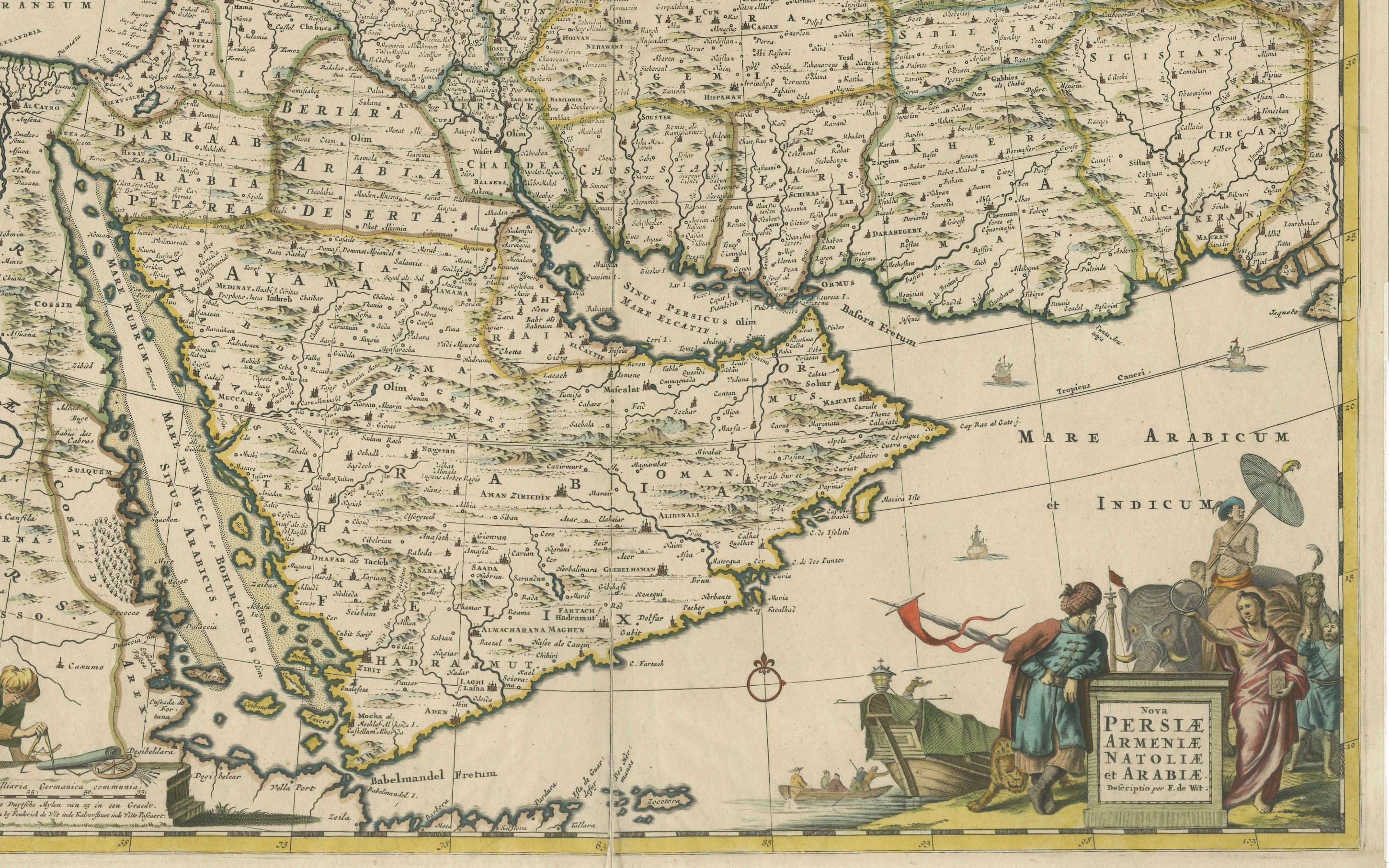 Papier Carte de Frederick de Wit datant de 1691 : Moyen-Orient avec l'Arabie, la Perse et d'autres pays en vente