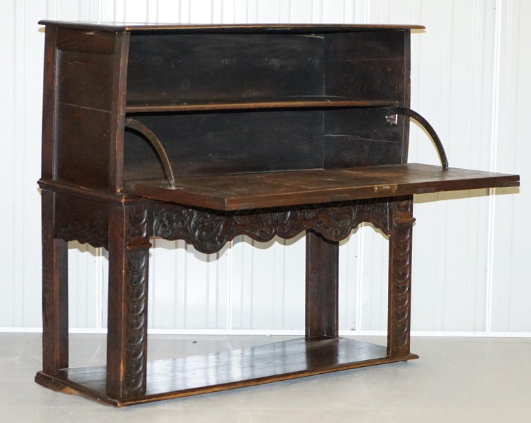 English Oak Hand Carved Gothic Jacobean Style Large Cupboard Bureau