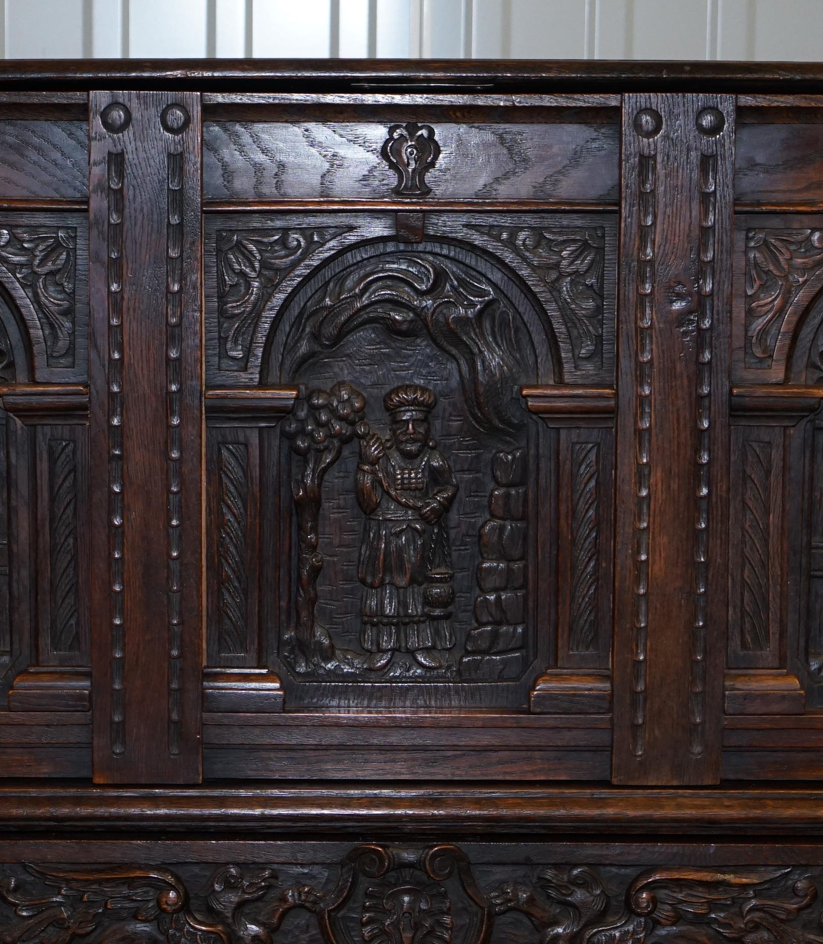 English Oak Hand Carved Gothic Jacobean Style Large Cupboard Bureau