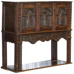 English Oak Hand Carved Gothic Jacobean Style Large Cupboard Bureau, circa 1700