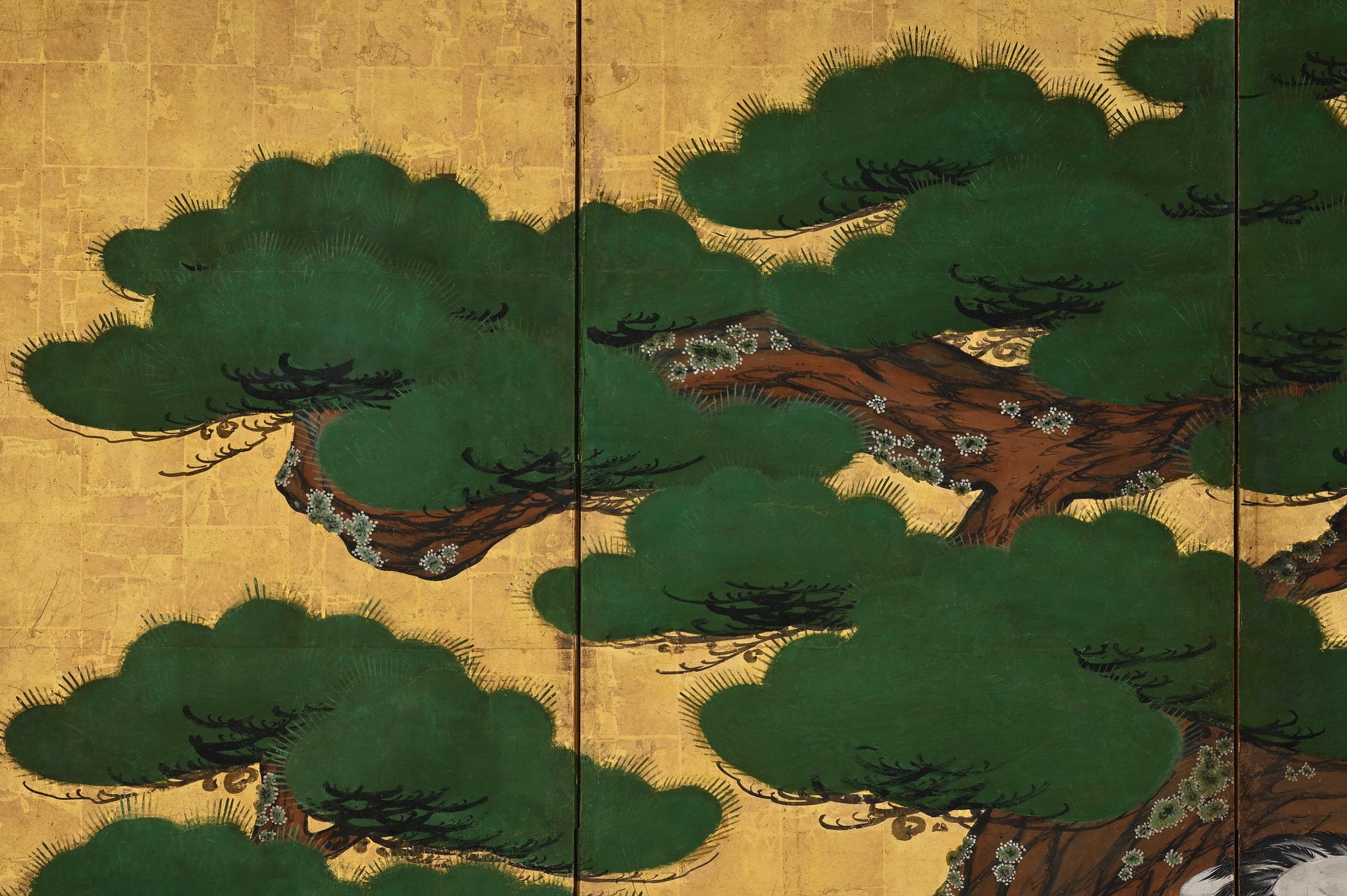 Paire de paravents japonais datant d'environ 1700, grues et pins, école Kano de Kyoto en vente 3