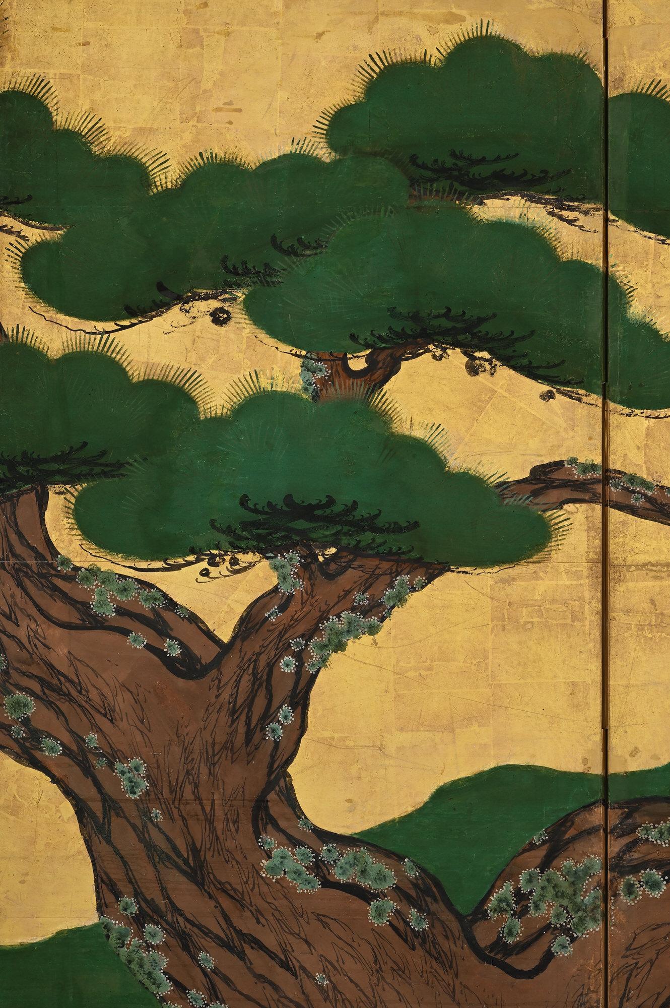 Paire de paravents japonais datant d'environ 1700, grues et pins, école Kano de Kyoto en vente 4