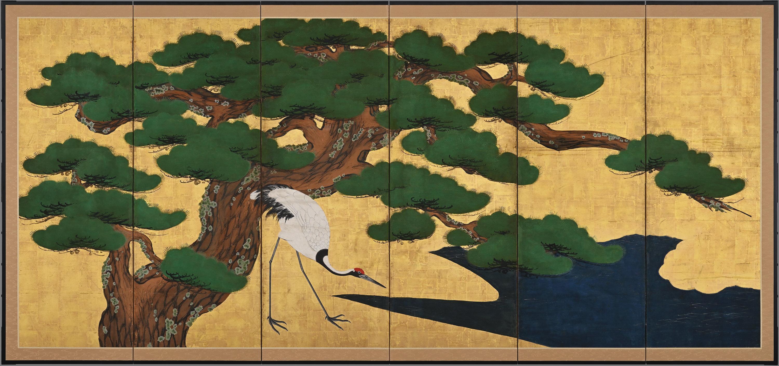 Pines and Cranes

Anonymous. Kyoto Kano School.

Late 17th/early 18th centuries, circa 1700.

Pair of six-panel Japanese folding screens.
Ink, gofun, pigment and gold leaf on paper.

This bold composition presents two pine trees extending