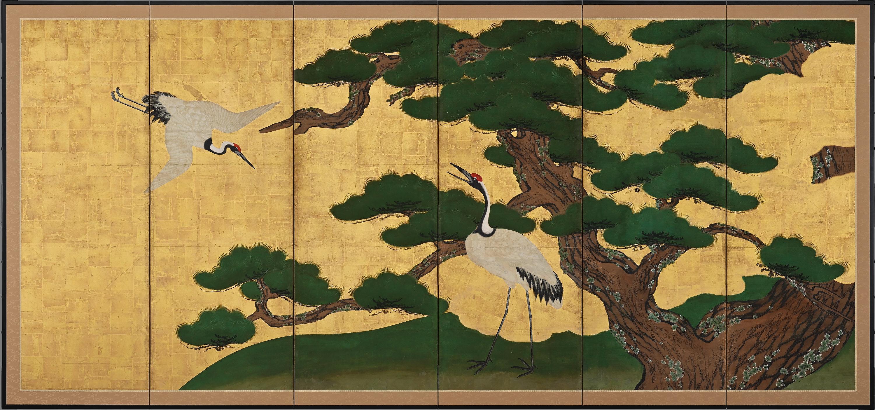 Edo Paire de paravents japonais datant d'environ 1700, grues et pins, école Kano de Kyoto en vente