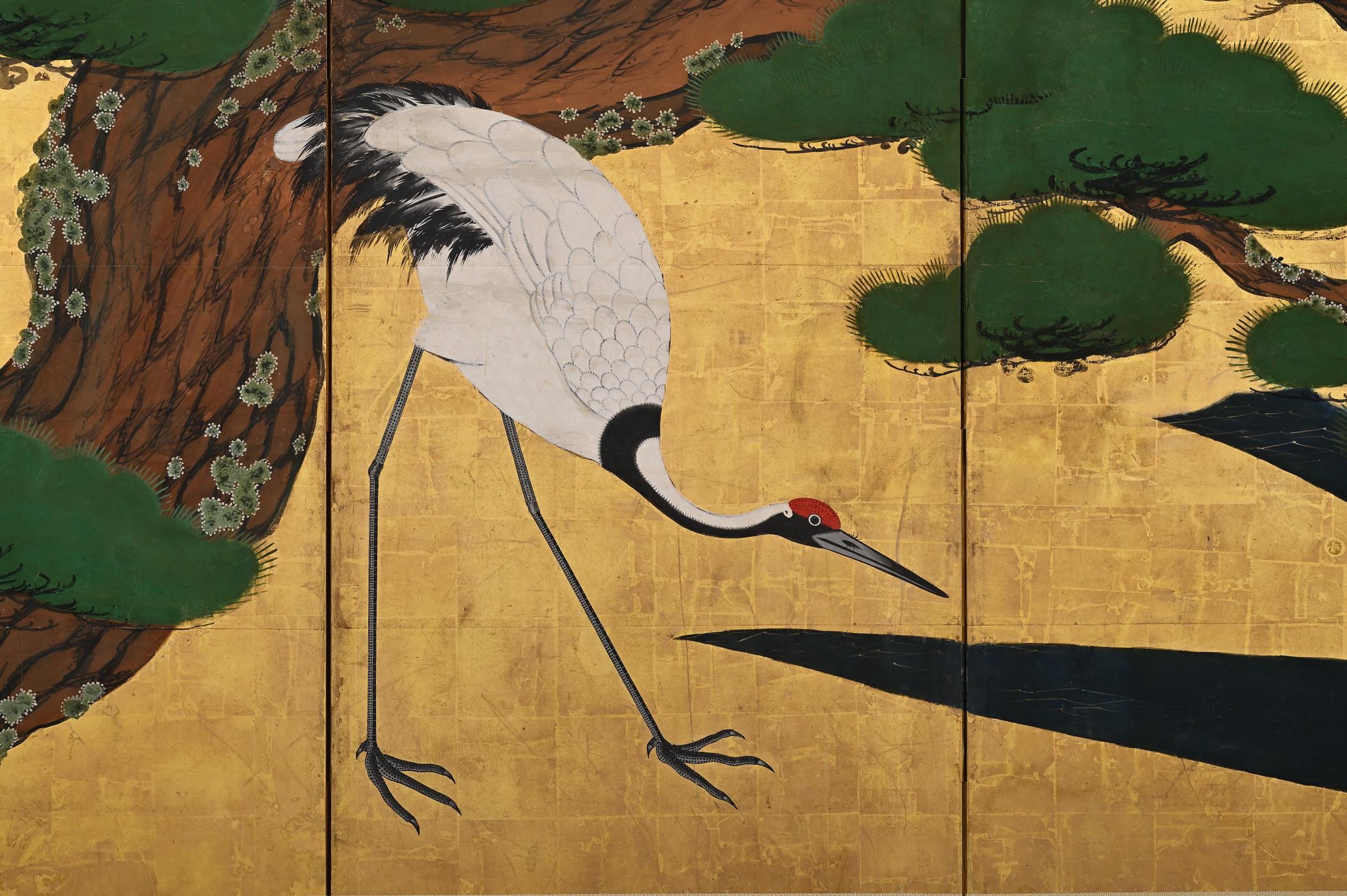 Edo Circa 1700 Japanese Screen Pair, Cranes & Pines, Kyoto Kano School For Sale