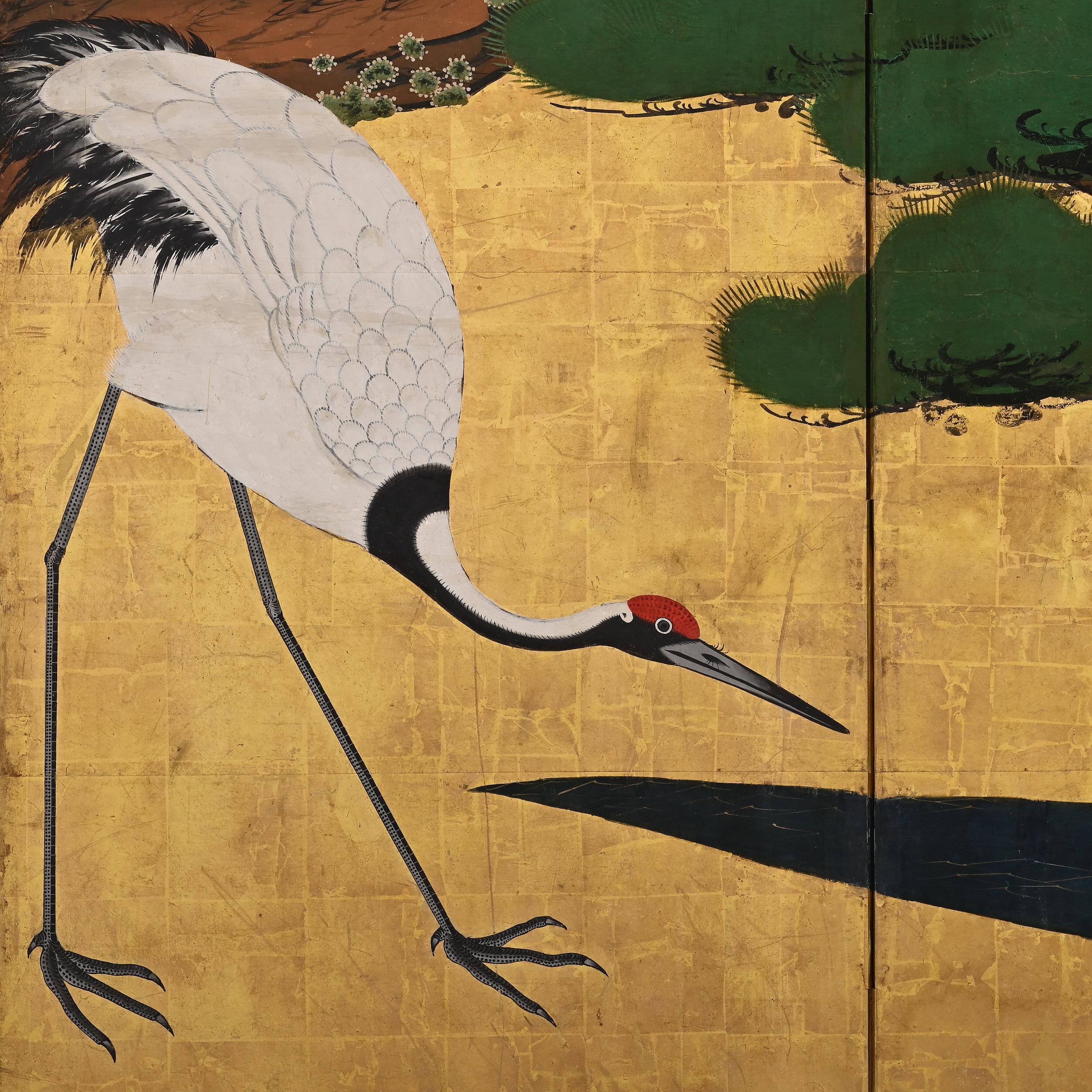 Hand-Painted Circa 1700 Japanese Screen Pair, Cranes & Pines, Kyoto Kano School For Sale