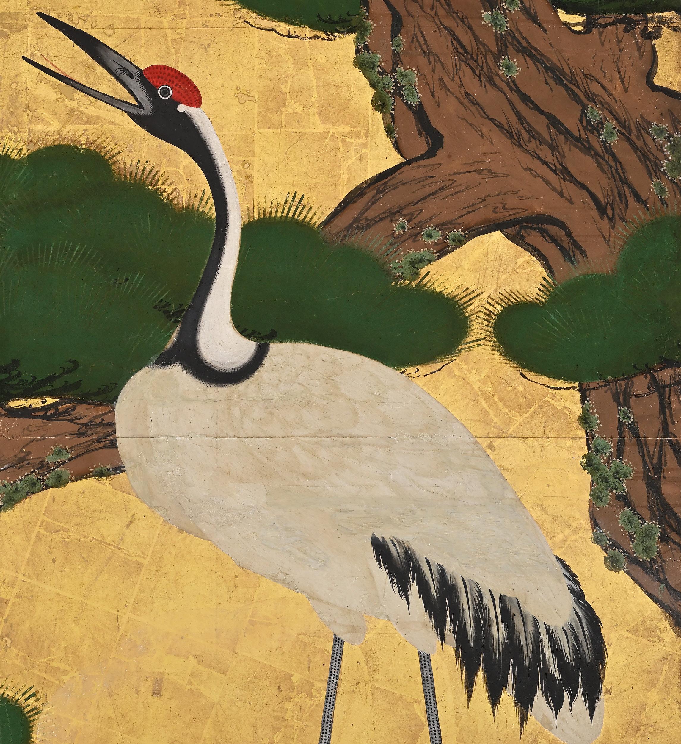 Edo Circa 1700 Japanese Screen Pair, Cranes & Pines, Kyoto Kano School For Sale