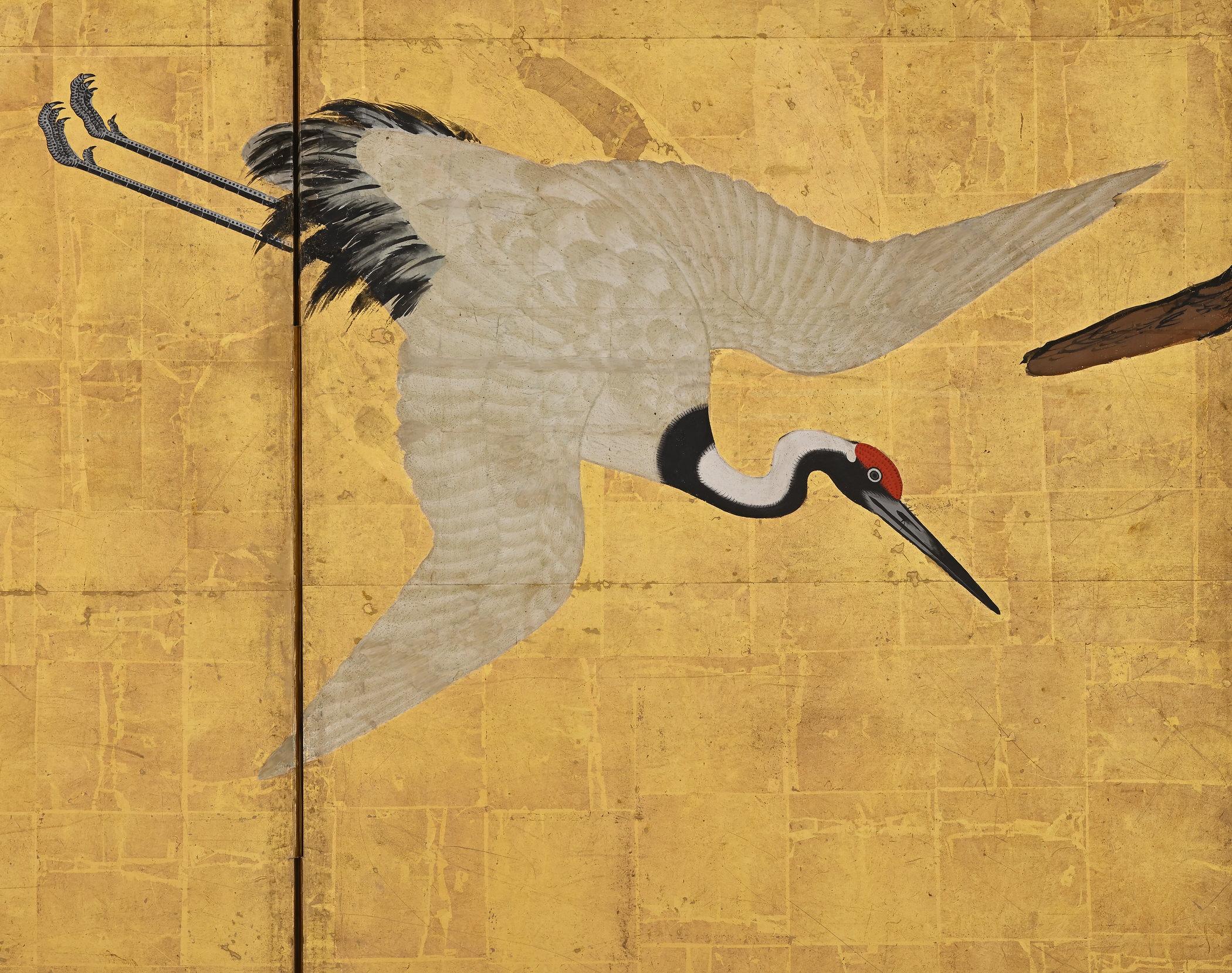 Circa 1700 Japanese Screen Pair, Cranes & Pines, Kyoto Kano School For Sale 1
