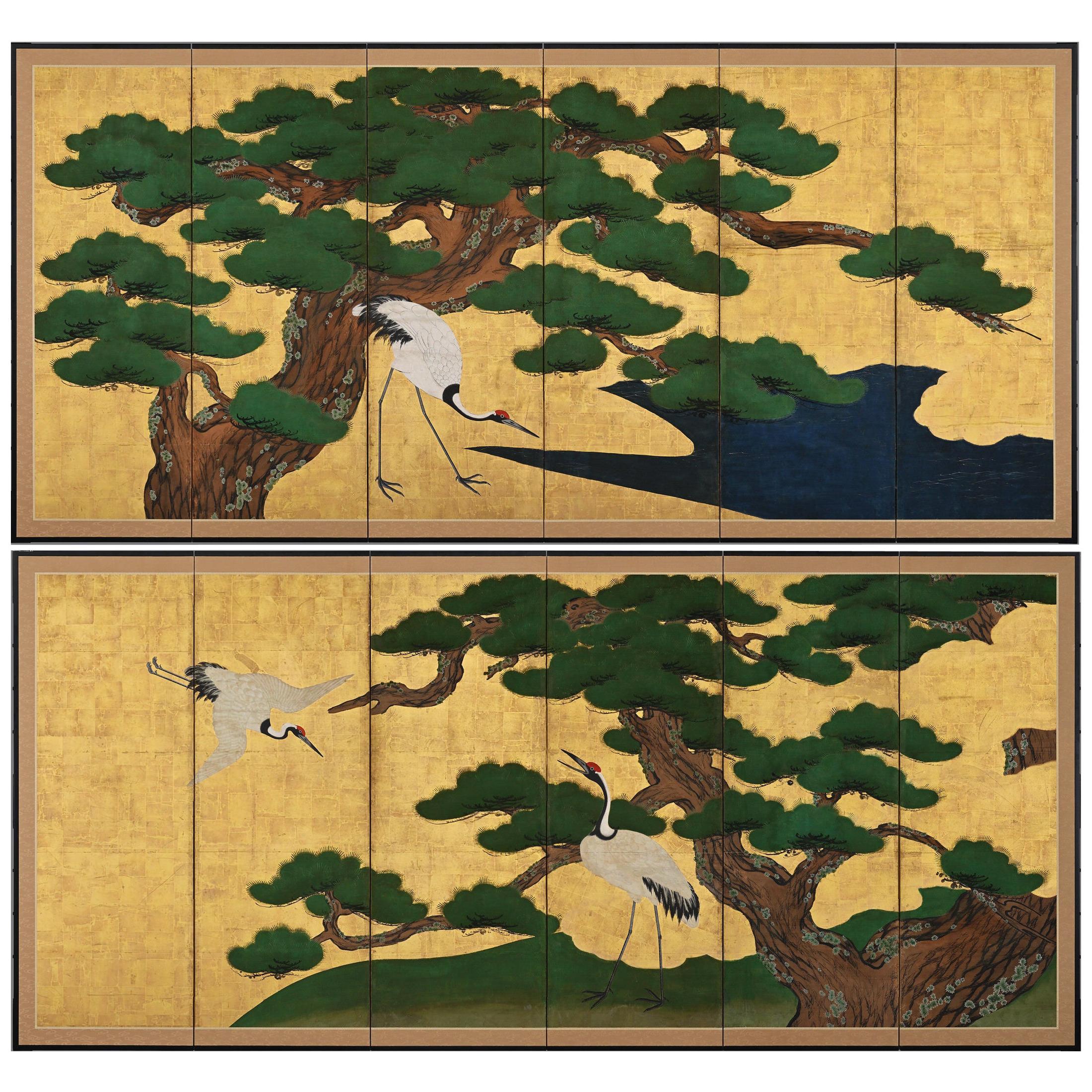 Circa 1700 Japanese Screen Pair, Cranes & Pines, Kyoto Kano School For Sale