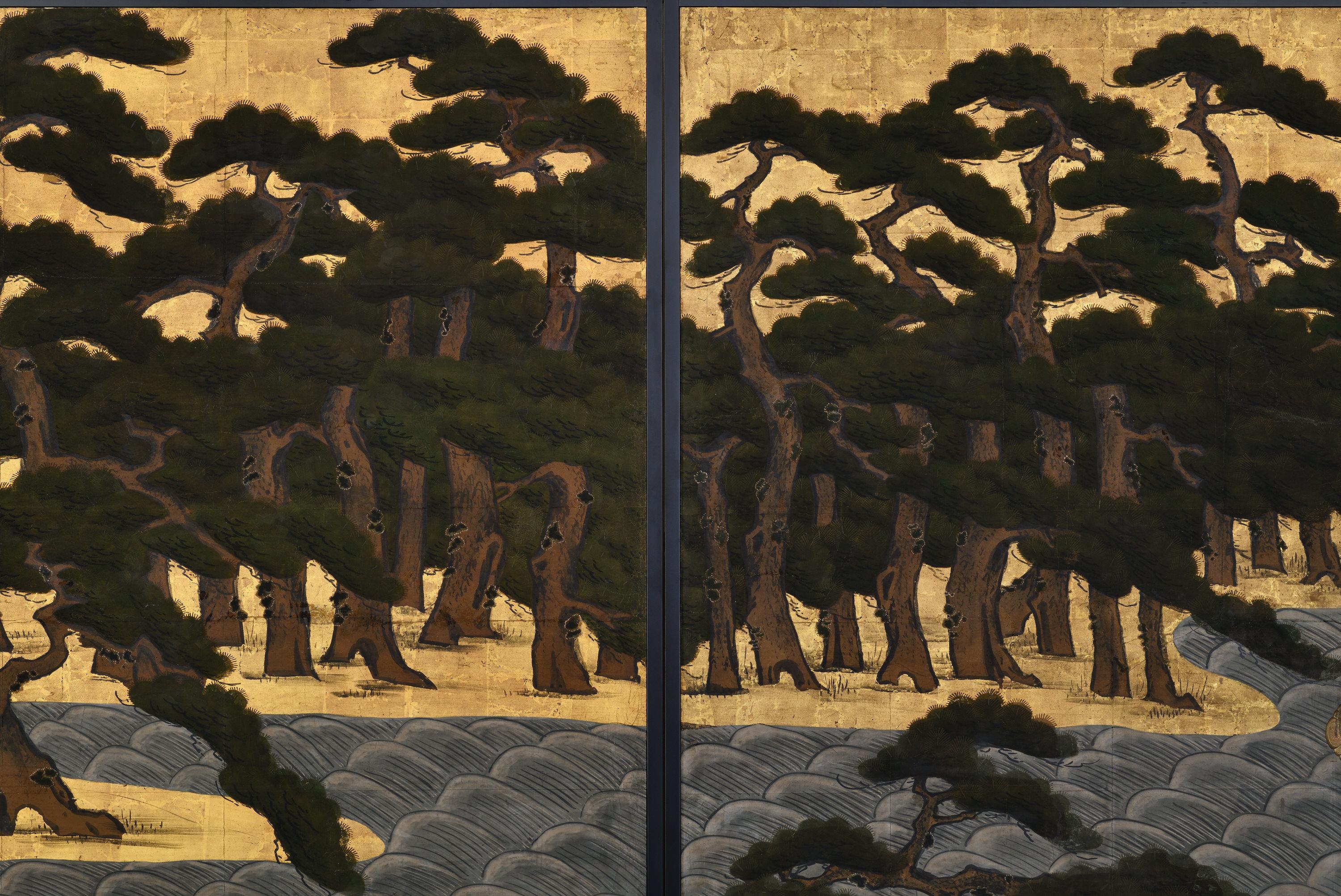 Edo Ensemble de portes coulissantes japonaises (Fusuma) datant de 1700. The Pine Trees on the Seashore (Les pins au bord de la mer). en vente