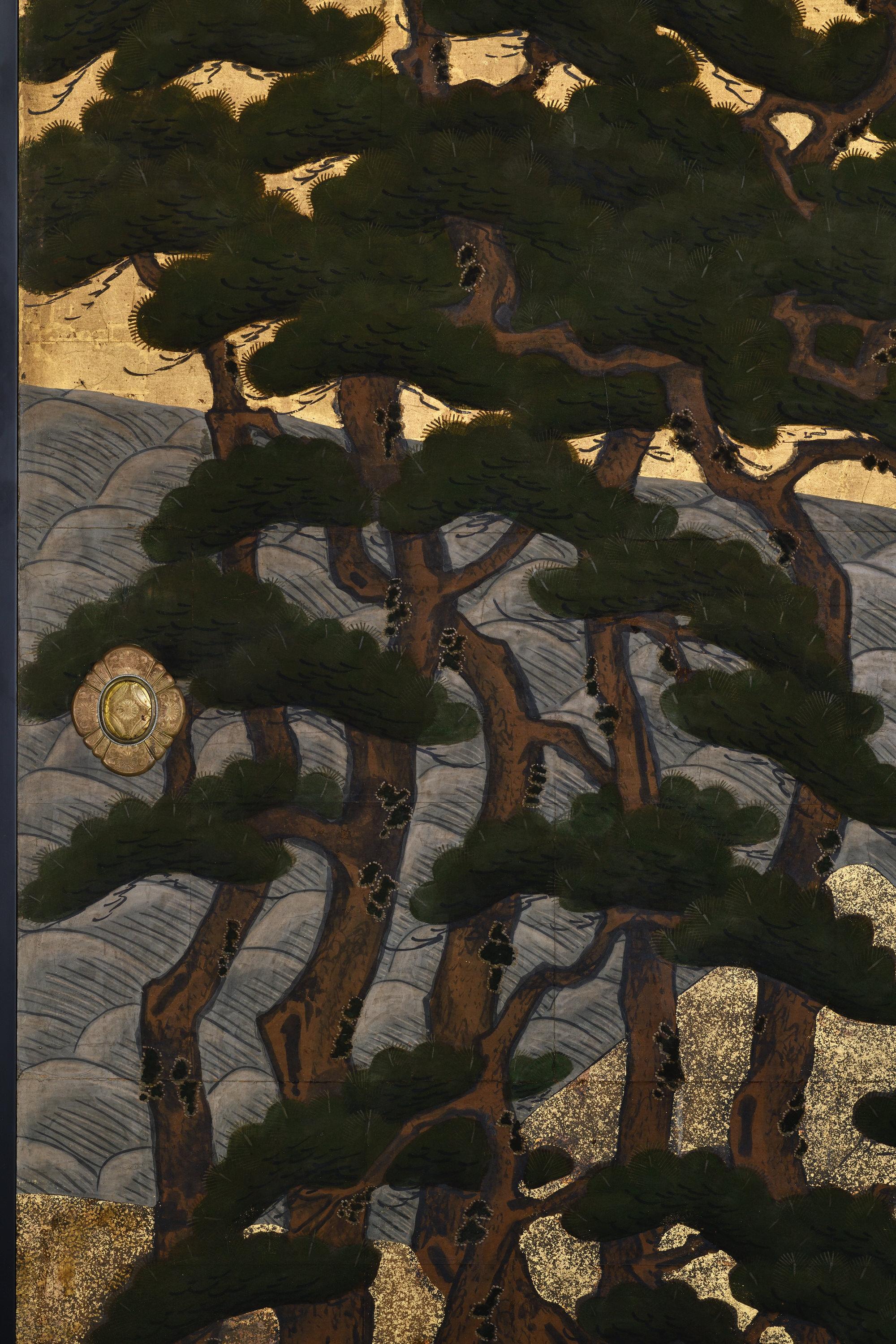 Peint à la main Ensemble de portes coulissantes japonaises (Fusuma) datant de 1700. The Pine Trees on the Seashore (Les pins au bord de la mer). en vente