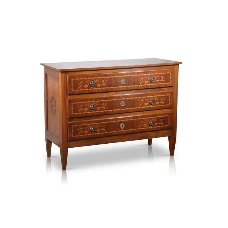This rare and utterly perfect Italian walnut commode, has been dated in Italy to Circa 1700. Featuring the classical Louis XVI form, this commode has been restored to museum quality. On the front, fiore and binding inlay adorns each drawer. In the