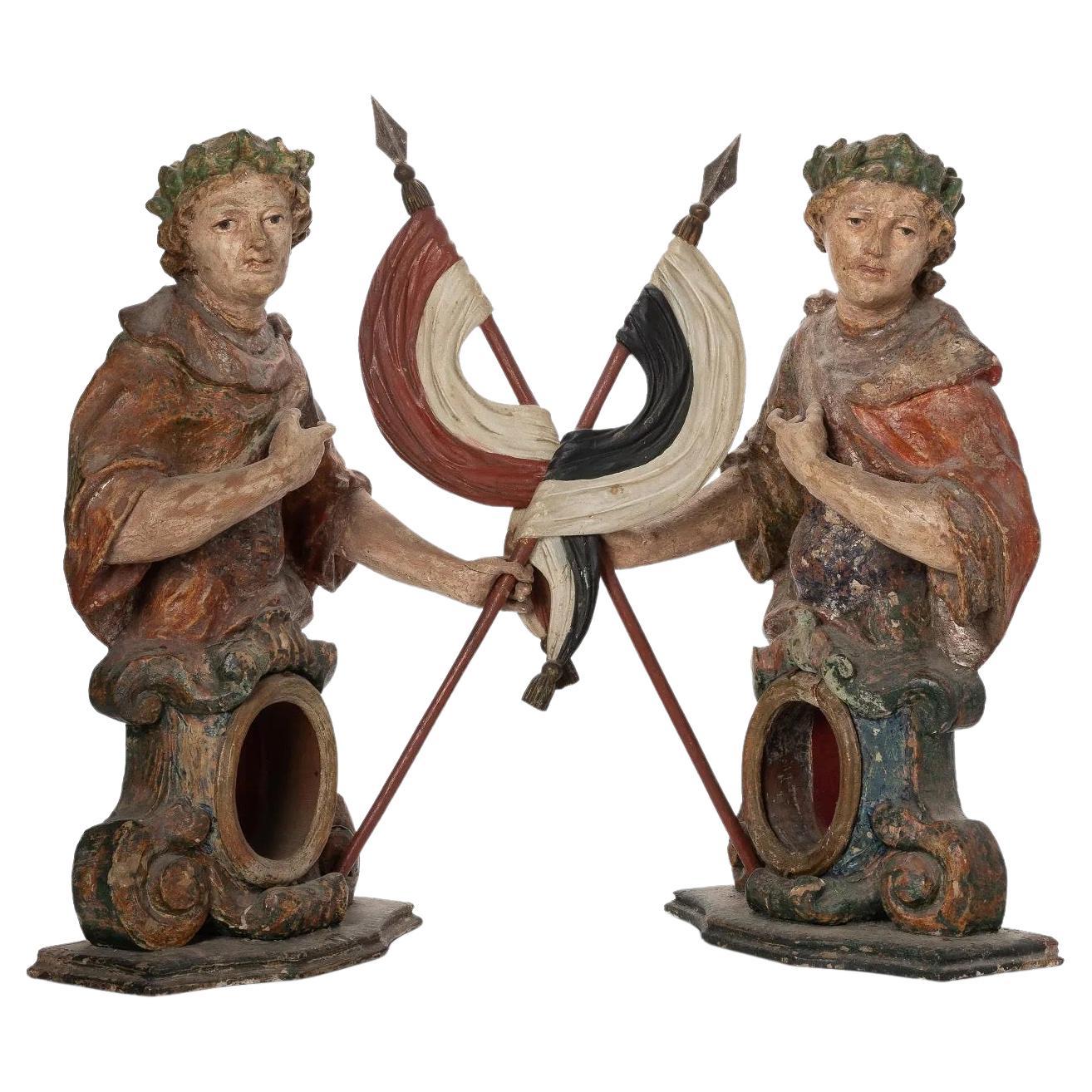 Circa 1717–1780, Hand-carved Wood and Polychrome Saints Cosmas and Damian For Sale