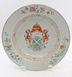 Circa 1740 Chinese Porcelain Pair of Famille Rose Armorial Soup Plates