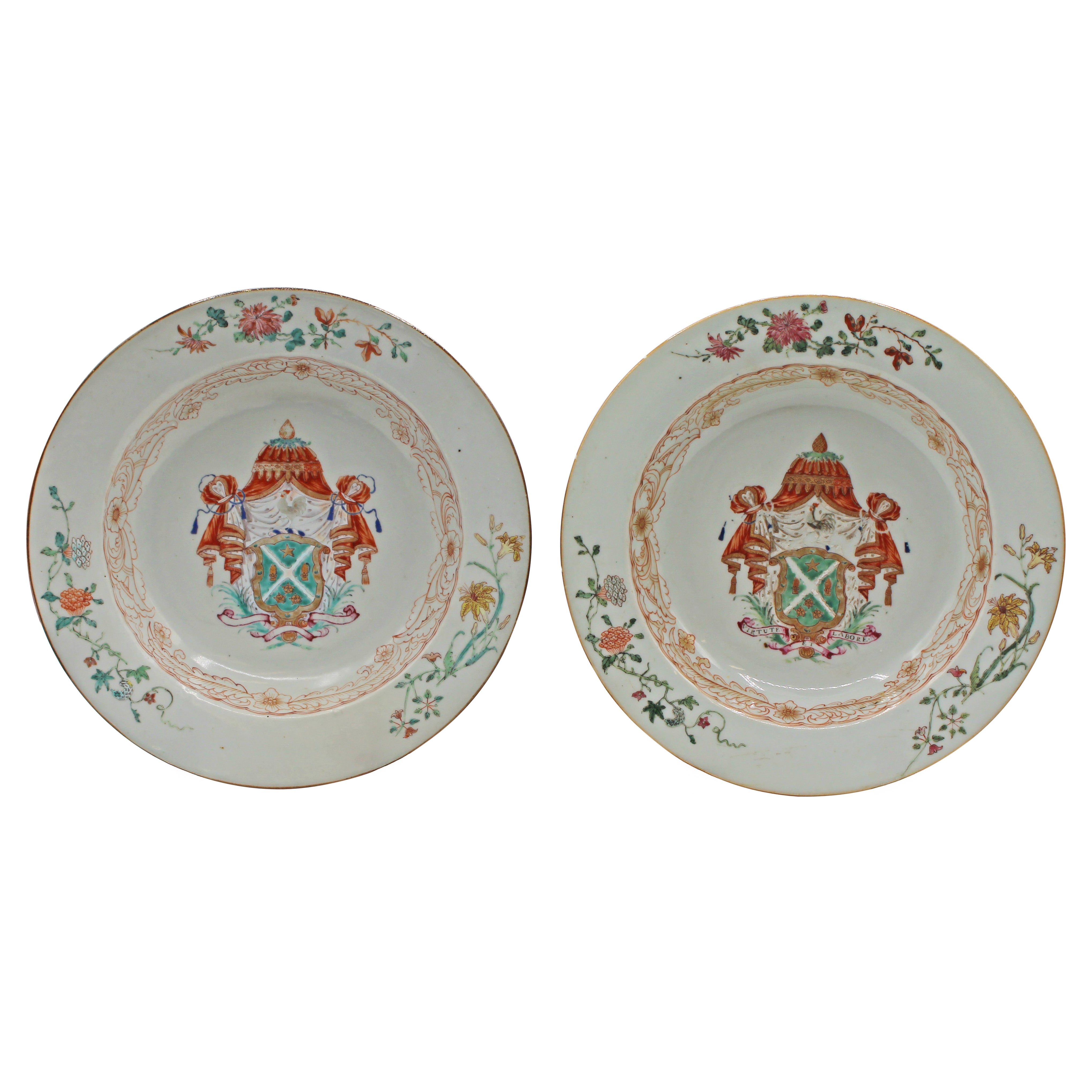 Circa 1740 Chinese Porcelain Pair of Famille Rose Armorial Soup Plates For Sale