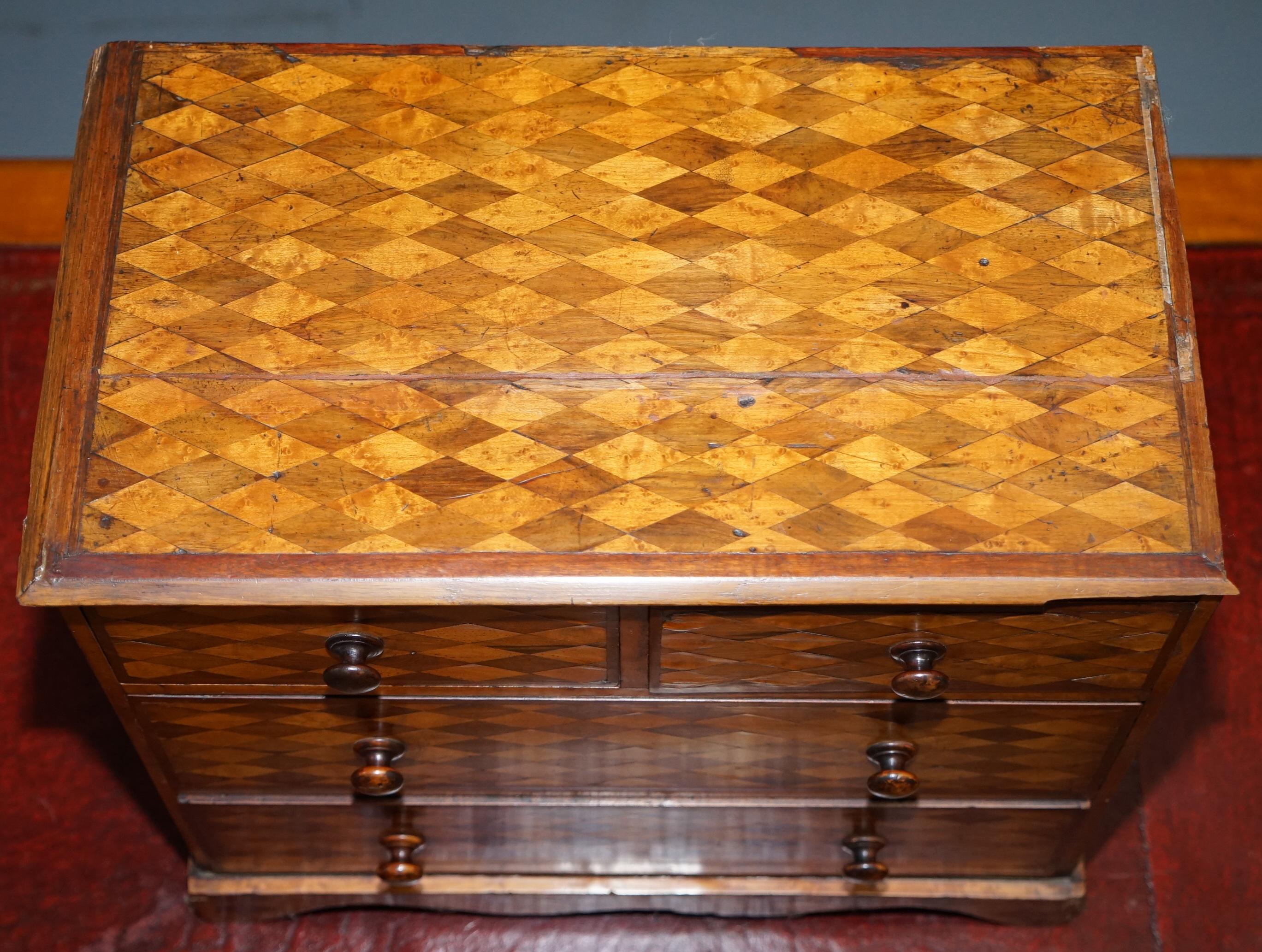 English Continental Mahogany & Satinwood Parquetry Miniature Chest of Drawers circa 1740
