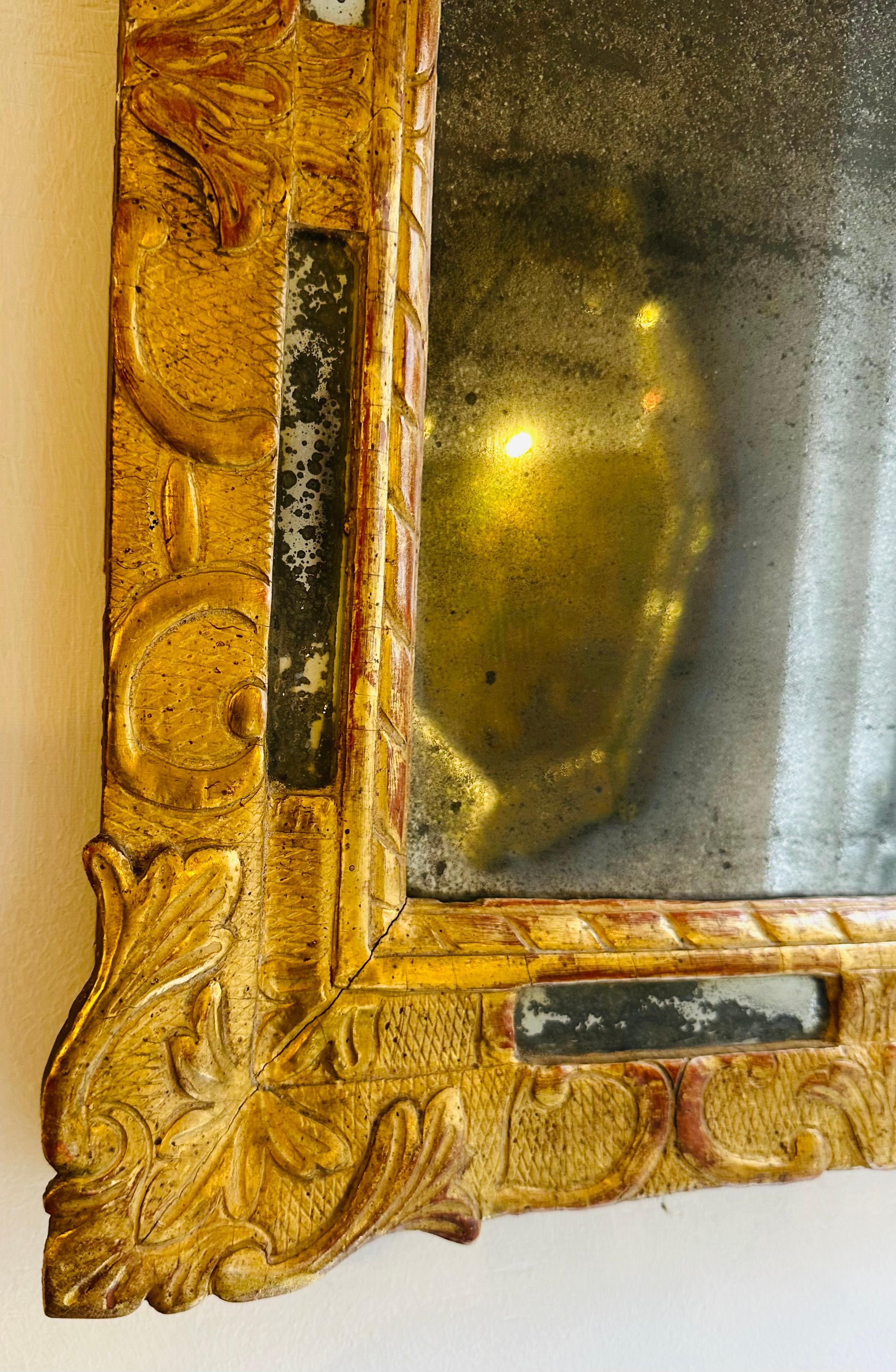 Circa 1740 French Gilt Gilded Framed Wall Mirror with Original Glass  1