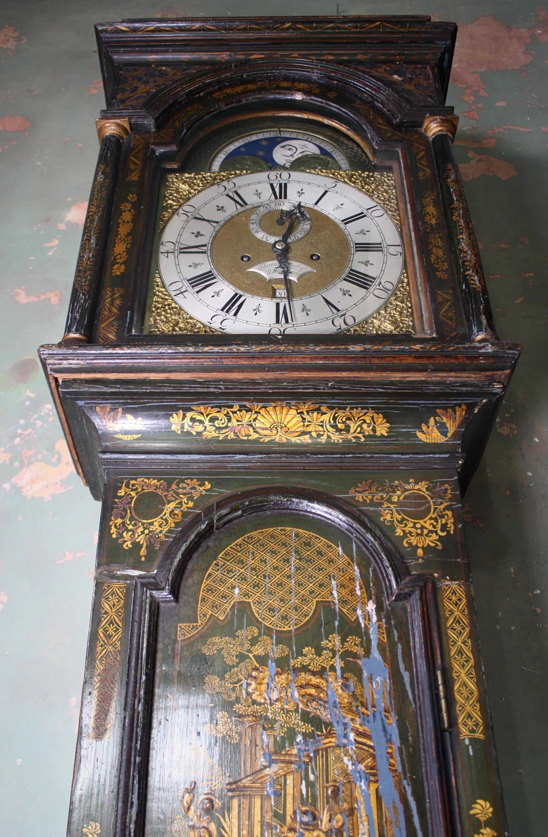 George II Thomas Haley Green Chinoiserie Long Case Clock, circa 1740 6