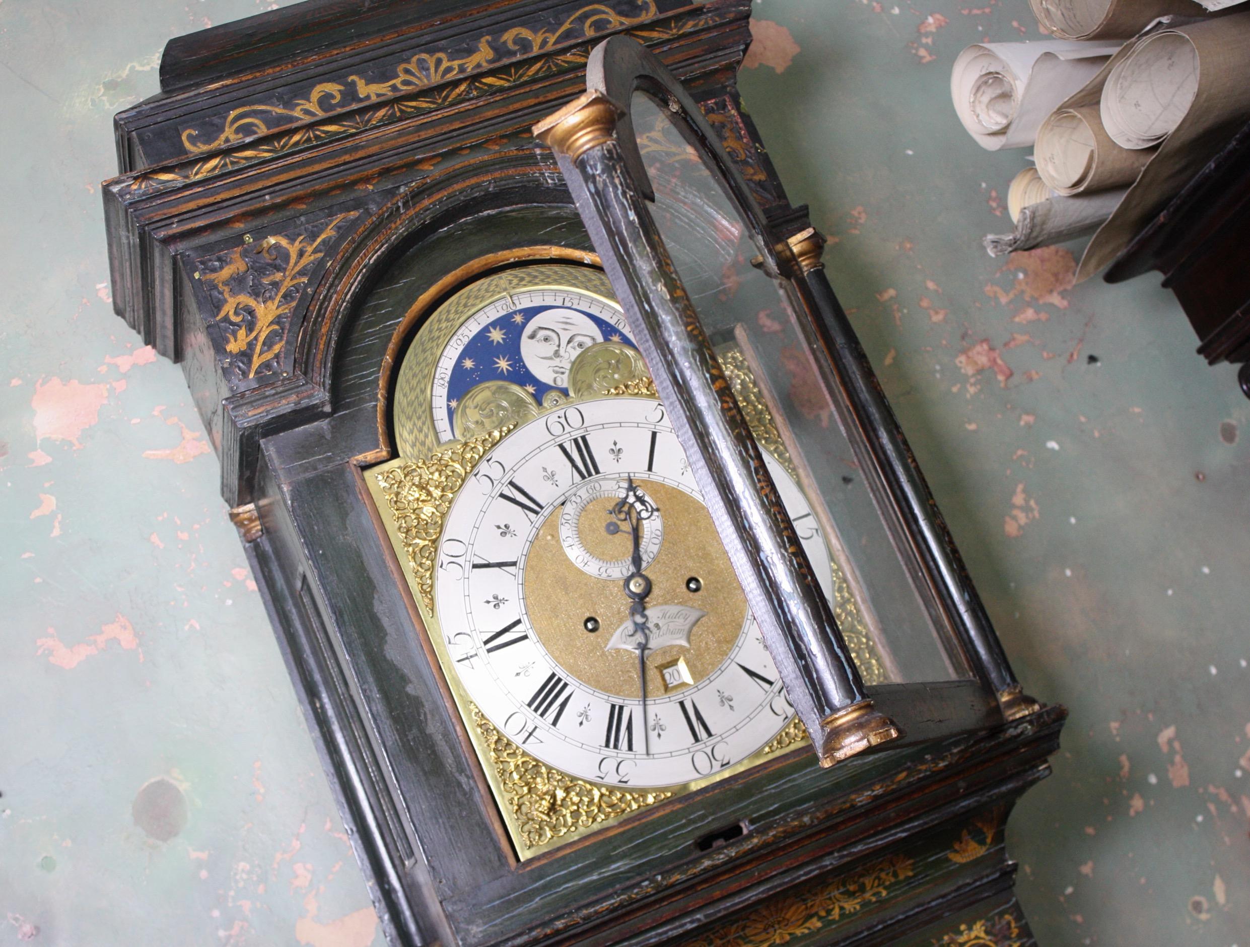 George II Thomas Haley Green Chinoiserie Long Case Clock, circa 1740 11