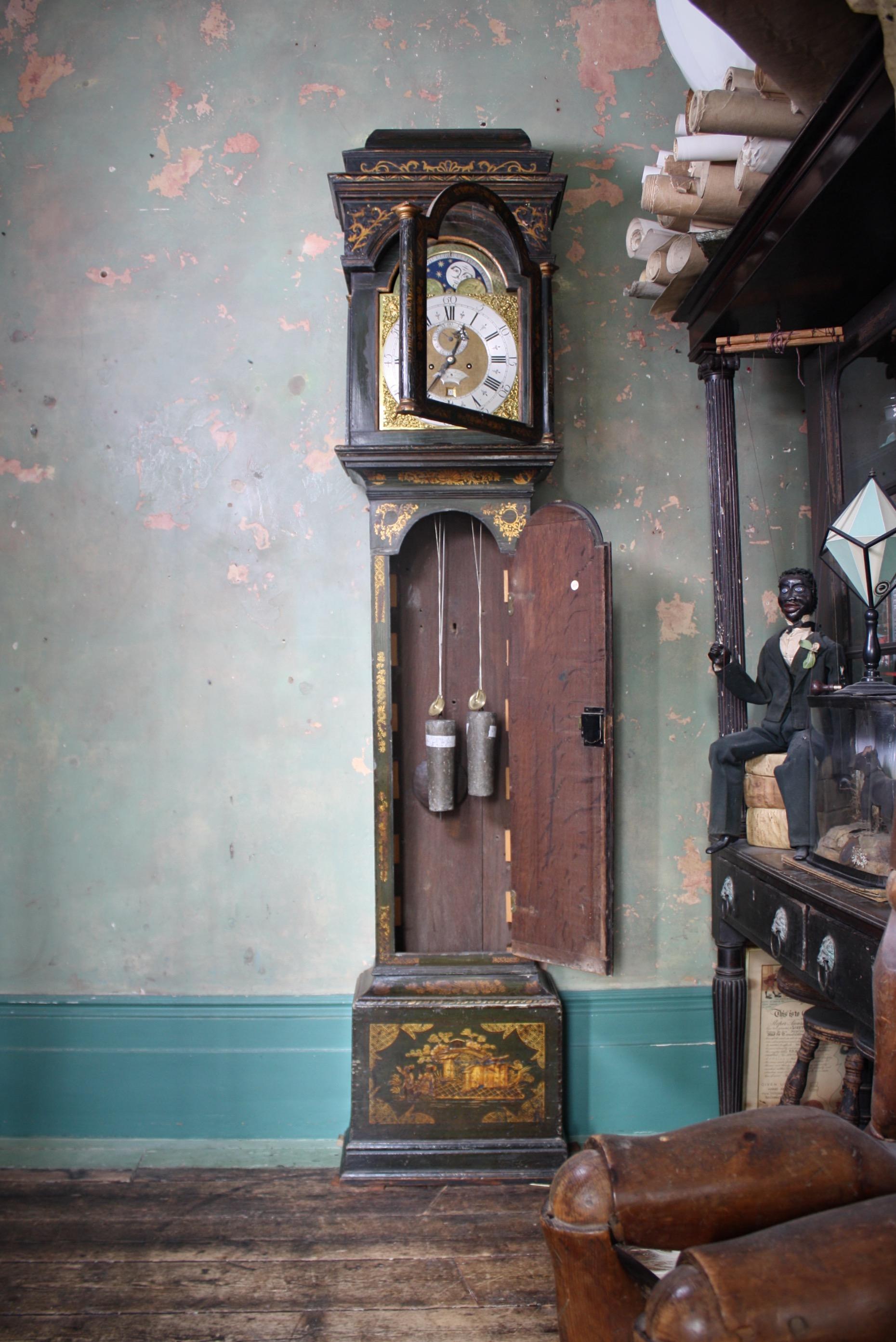 George II Thomas Haley Green Chinoiserie Long Case Clock, circa 1740 12