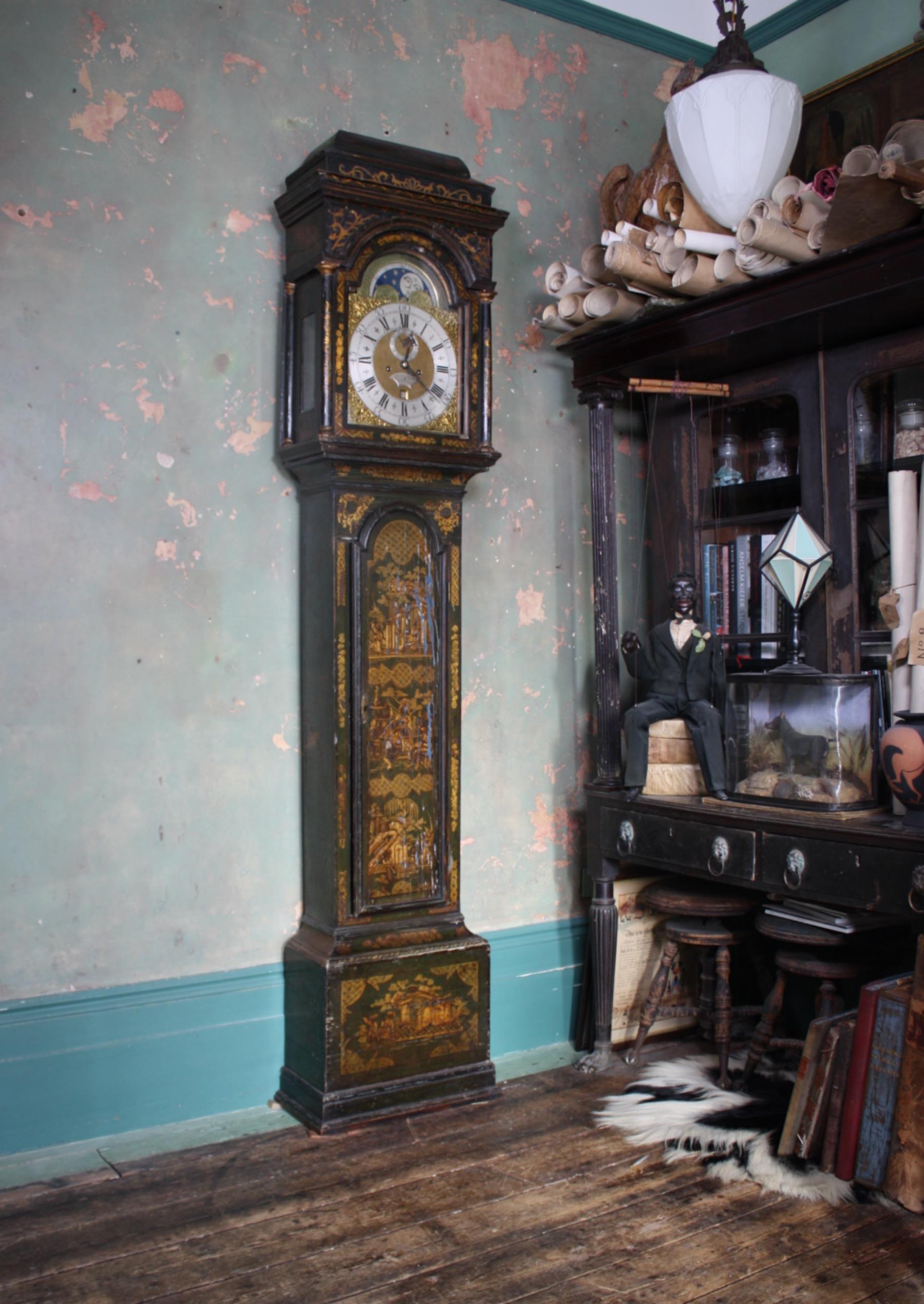 George II Thomas Haley Green Chinoiserie Long Case Clock, circa 1740 In Good Condition In Lowestoft, GB