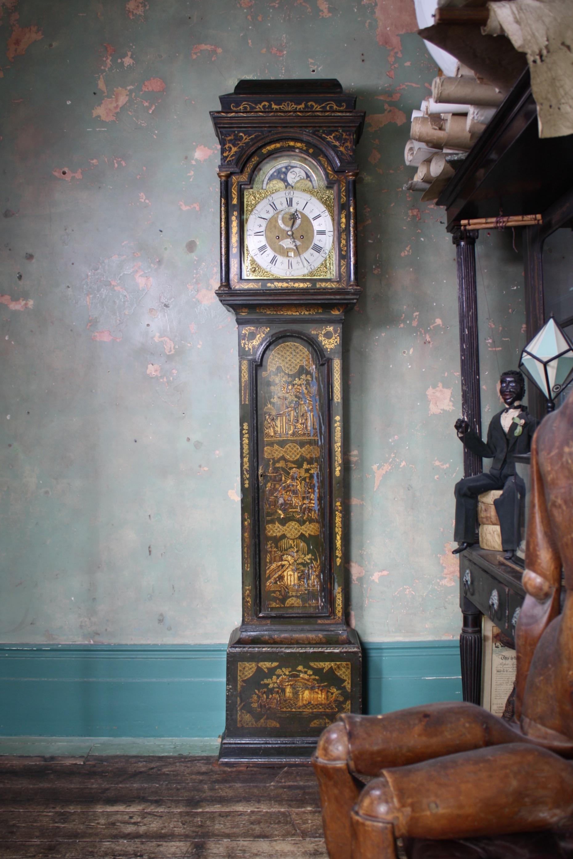 Brass George II Thomas Haley Green Chinoiserie Long Case Clock, circa 1740