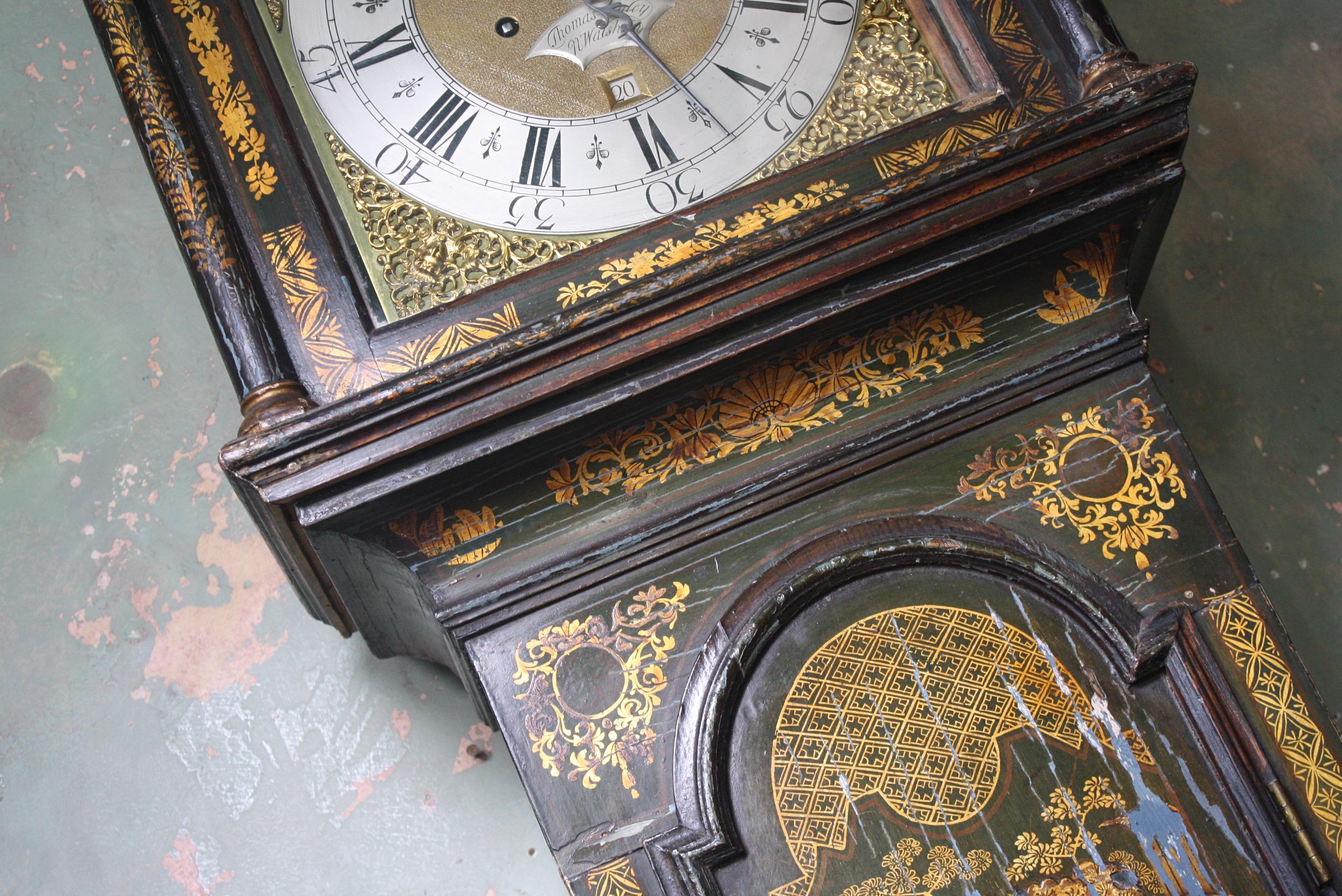 George II Thomas Haley Green Chinoiserie Long Case Clock, circa 1740 2