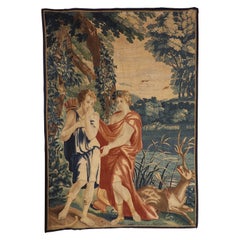Aubusson-Wandteppichfragment aus der Zeit um 1750 mit Diana, Apollo und einem Hirsch als Hirsch
